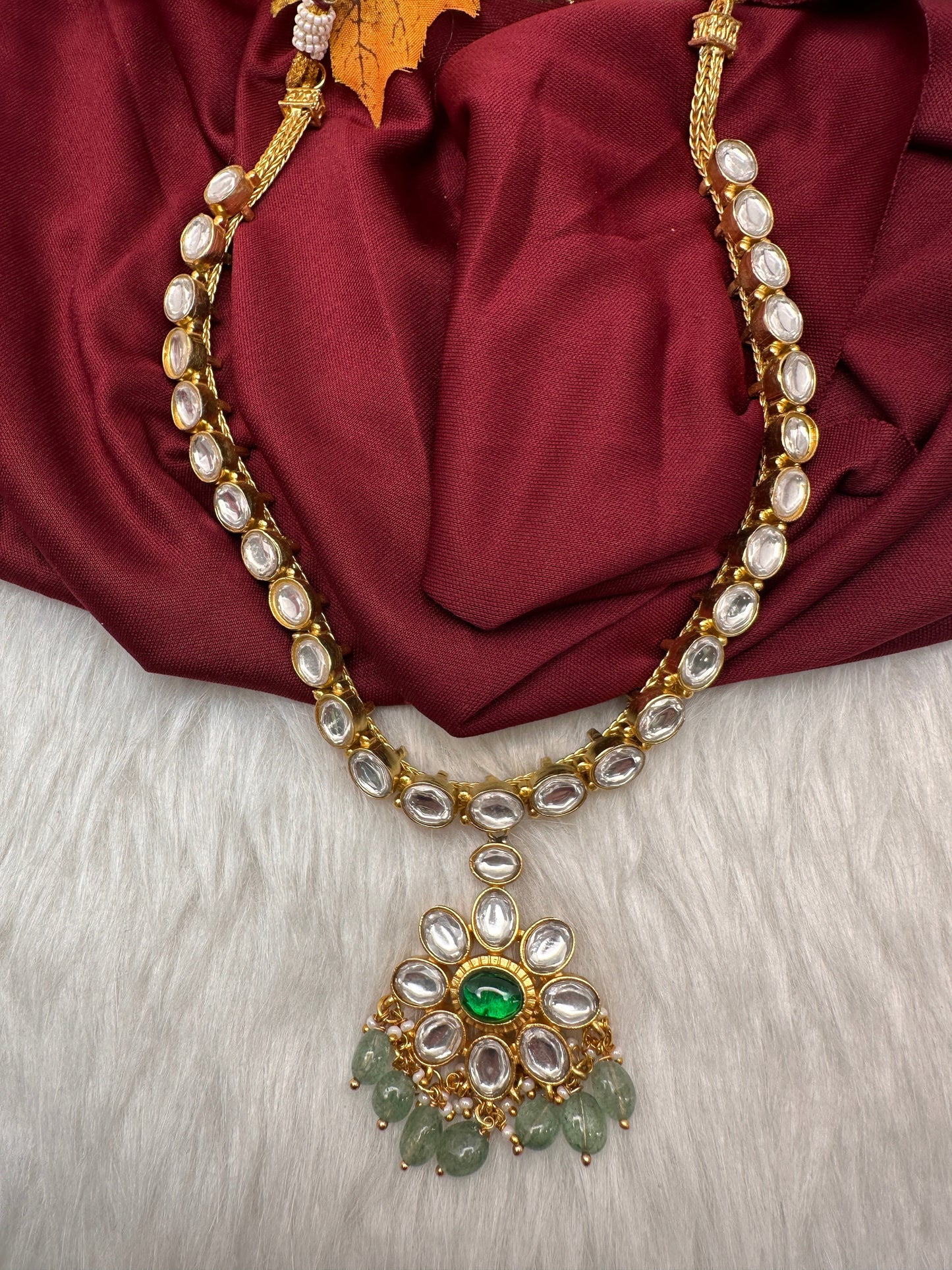 Jadau Kundan Green Potta Stones Short Necklace