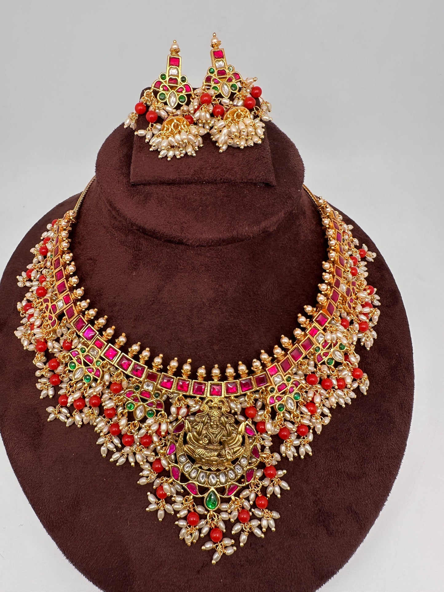 Coral Rice Pearls Jadau Kundan Goddess Lakshmi Guttapusalu Necklace