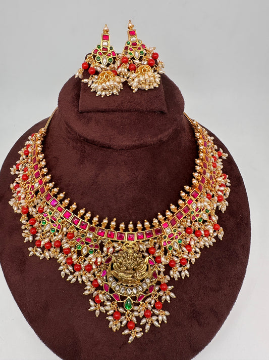 Coral Rice Pearls Jadau Kundan Goddess Lakshmi Guttapusalu Necklace