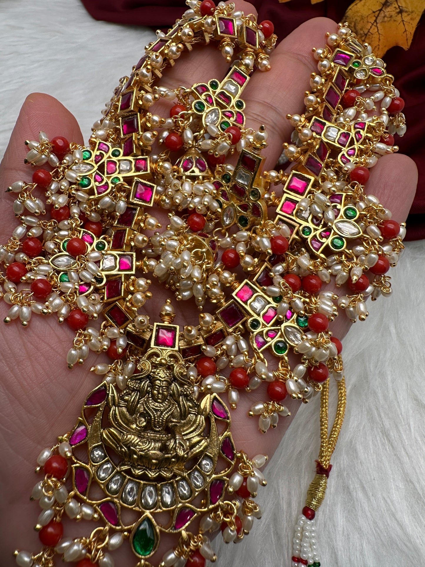 Coral Rice Pearls Jadau Kundan Goddess Lakshmi Guttapusalu Necklace