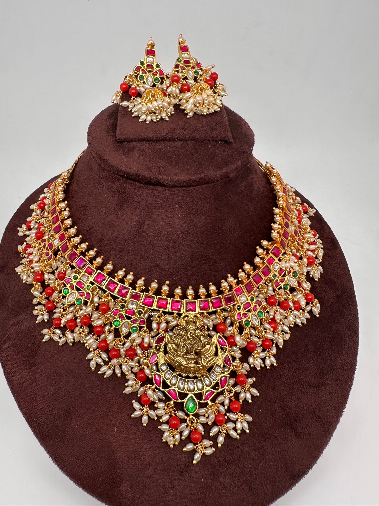 Coral Rice Pearls Jadau Kundan Goddess Lakshmi Guttapusalu Necklace