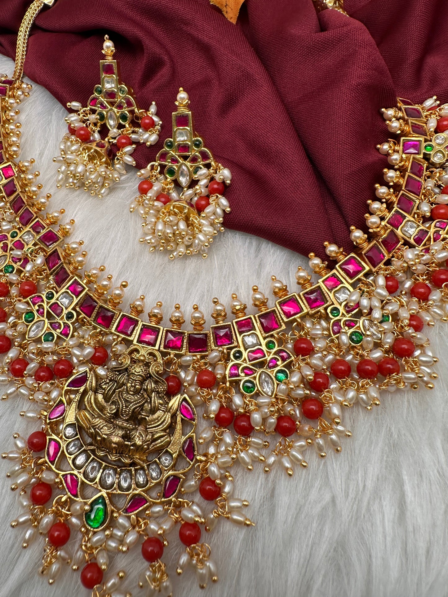Coral Rice Pearls Jadau Kundan Goddess Lakshmi Guttapusalu Necklace
