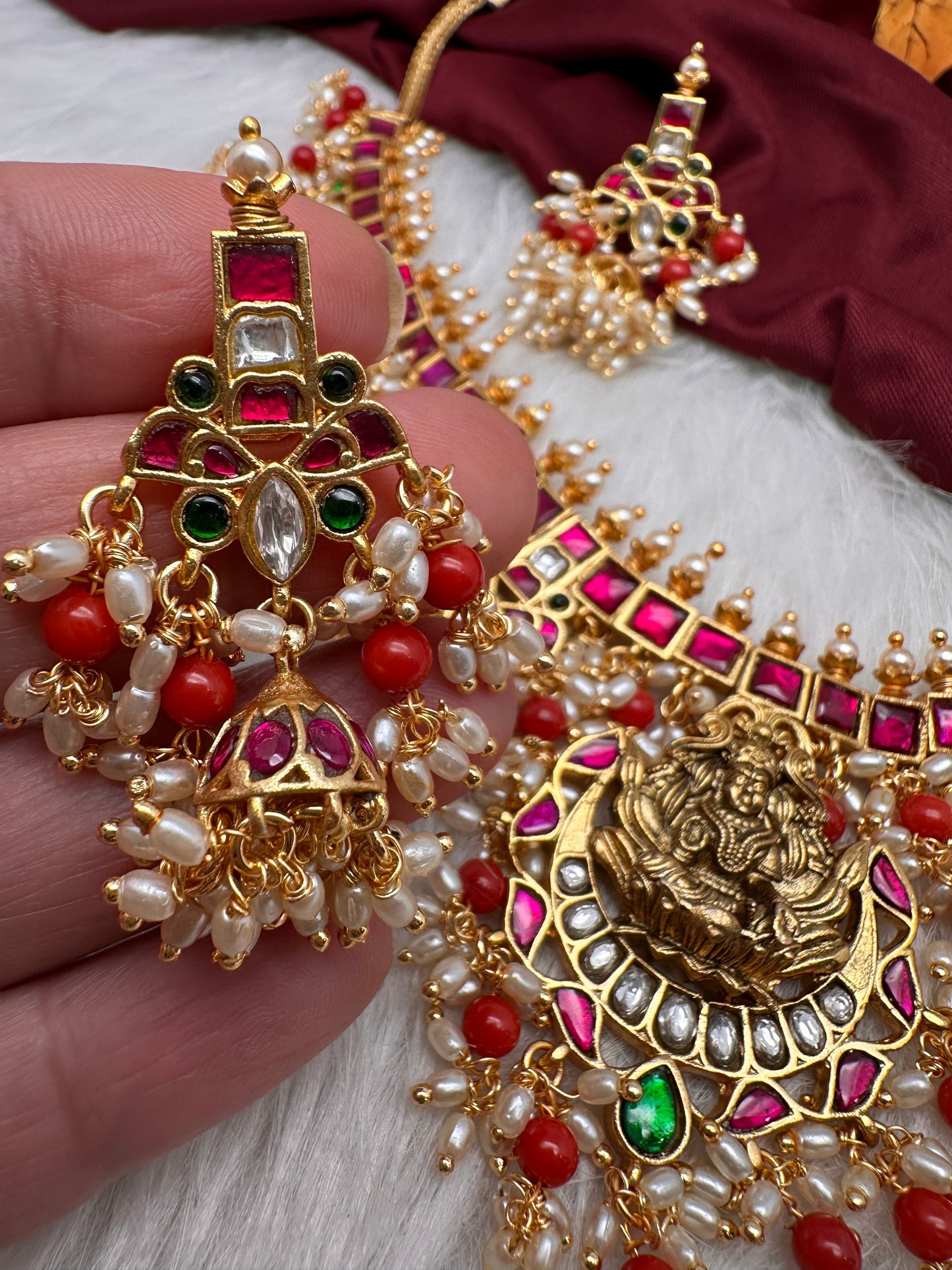 Coral Rice Pearls Jadau Kundan Goddess Lakshmi Guttapusalu Necklace