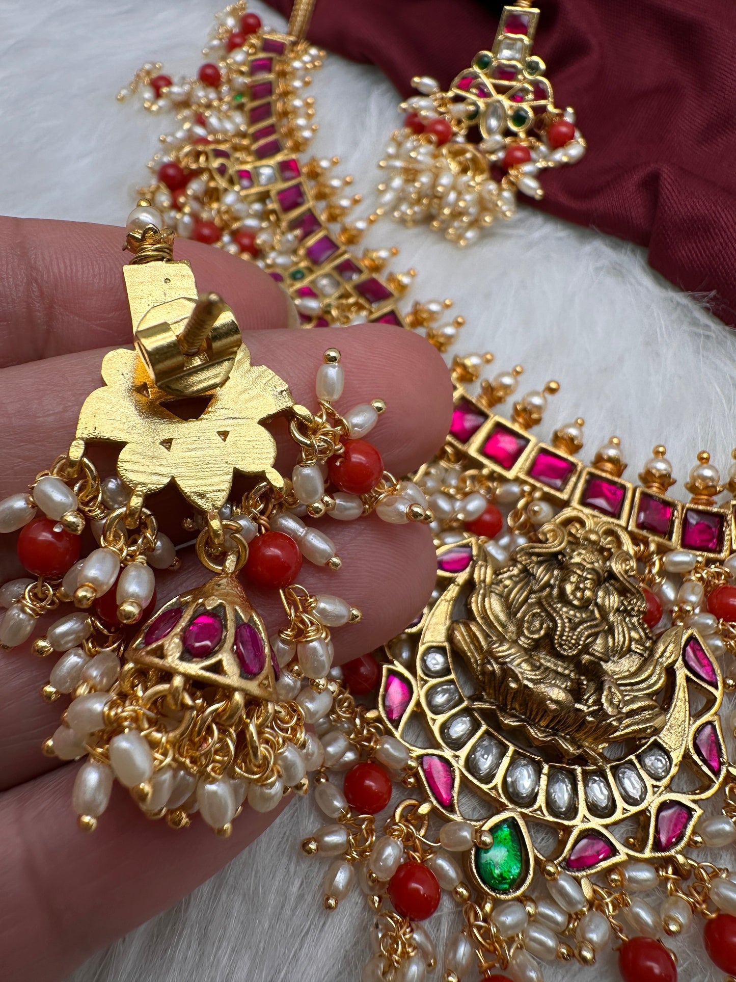 Coral Rice Pearls Jadau Kundan Goddess Lakshmi Guttapusalu Necklace