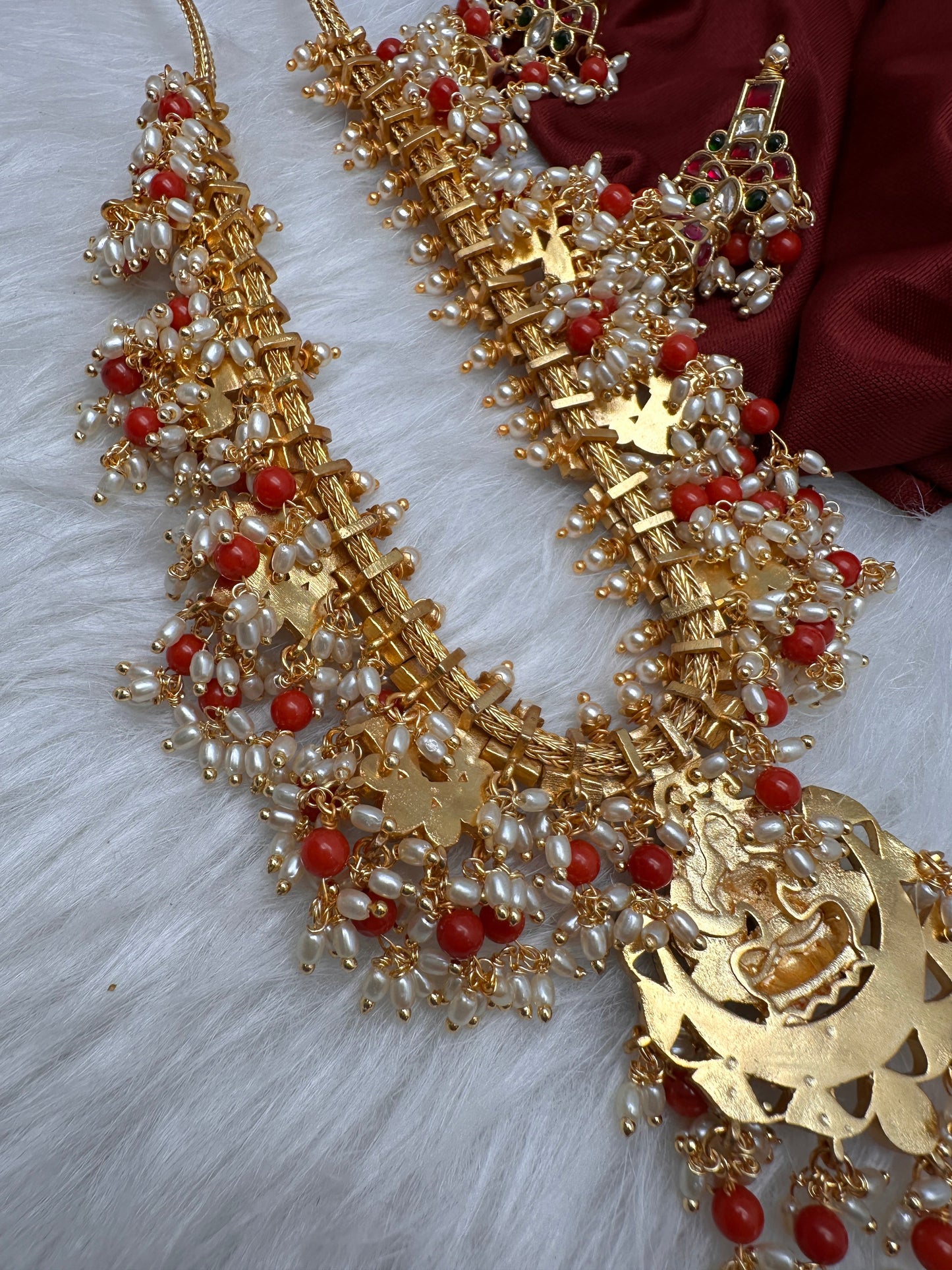 Coral Rice Pearls Jadau Kundan Goddess Lakshmi Guttapusalu Necklace