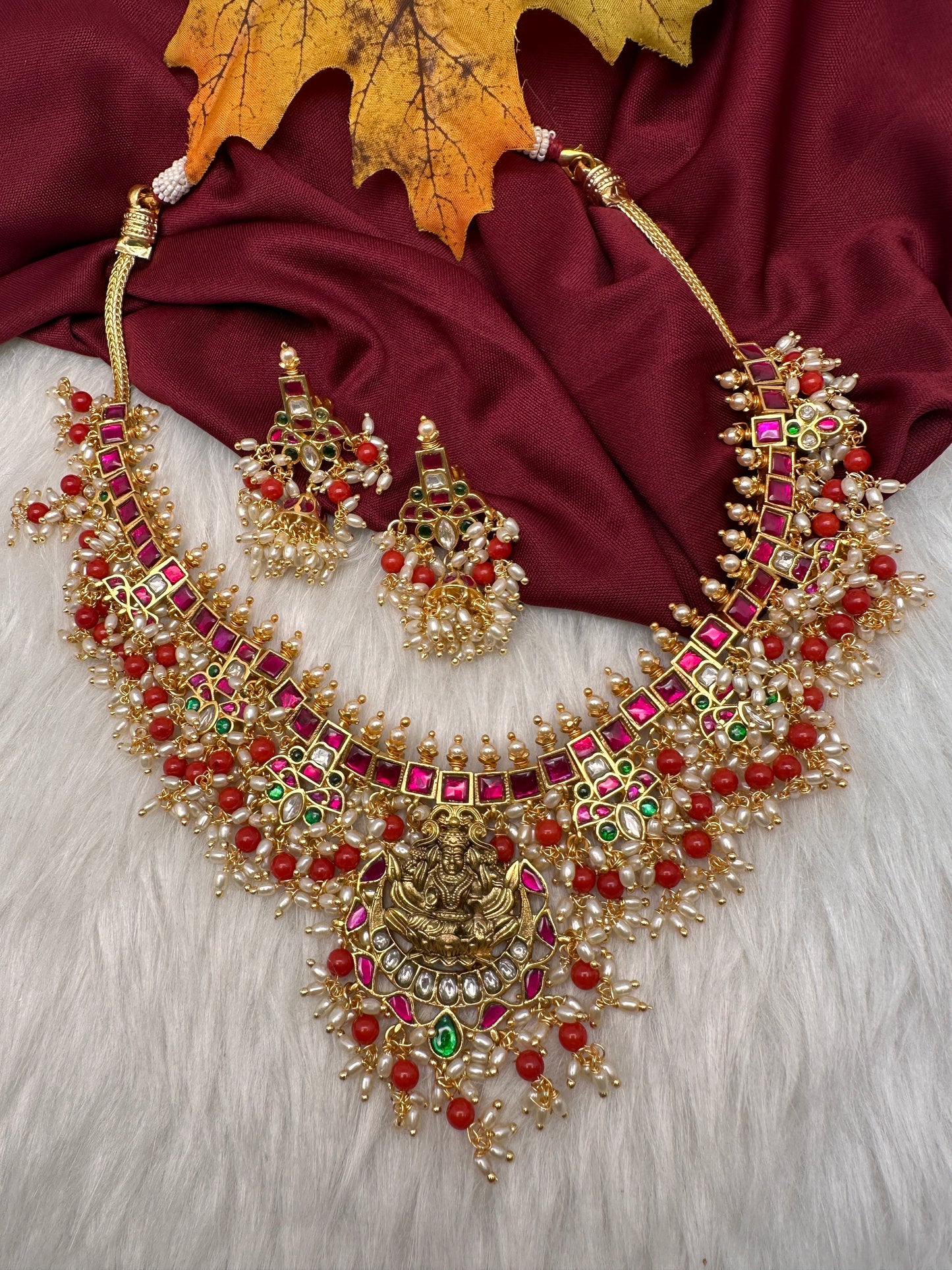 Coral Rice Pearls Jadau Kundan Goddess Lakshmi Guttapusalu Necklace
