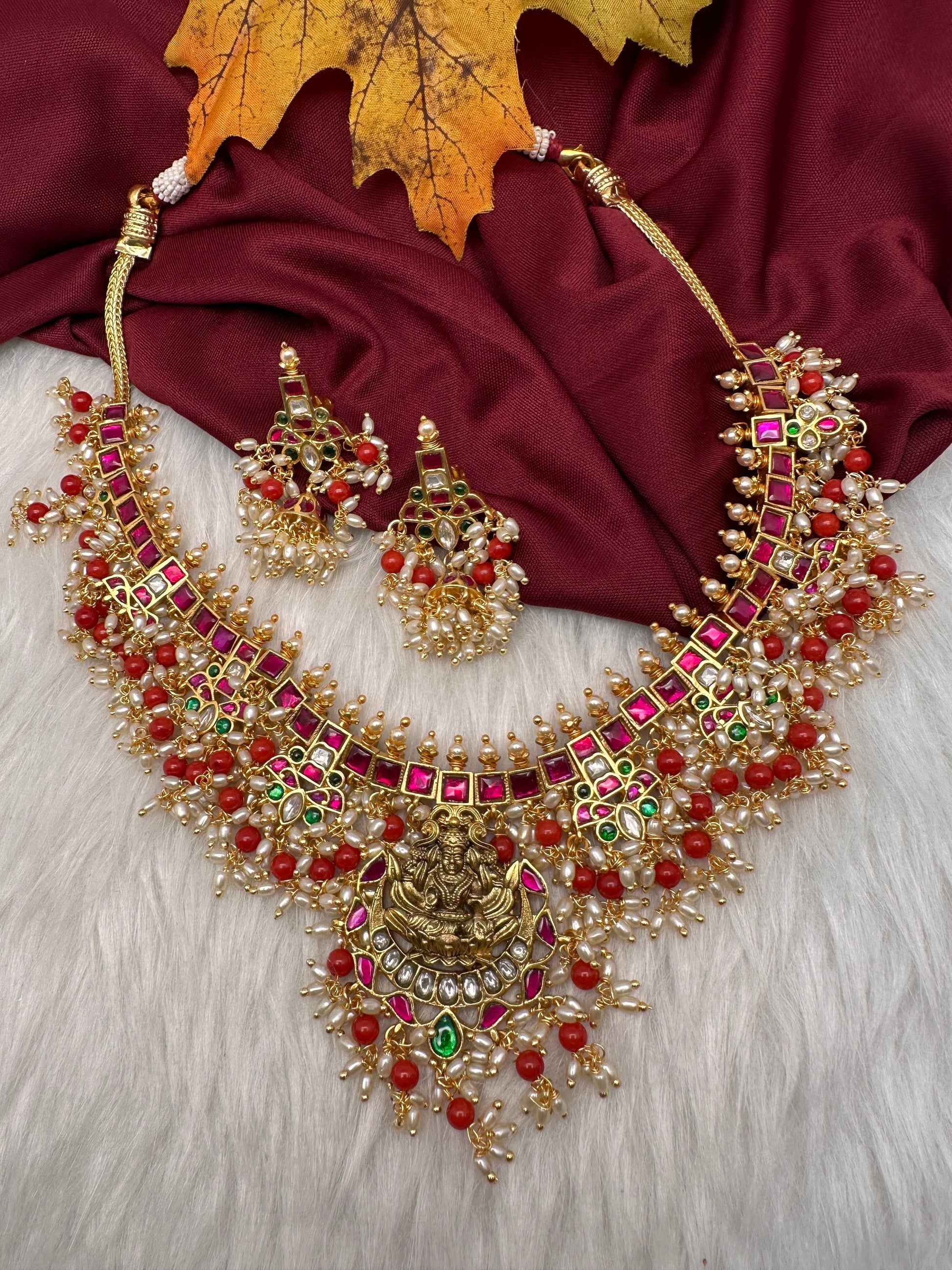Coral Rice Pearls Jadau Kundan Goddess Lakshmi Guttapusalu Necklace