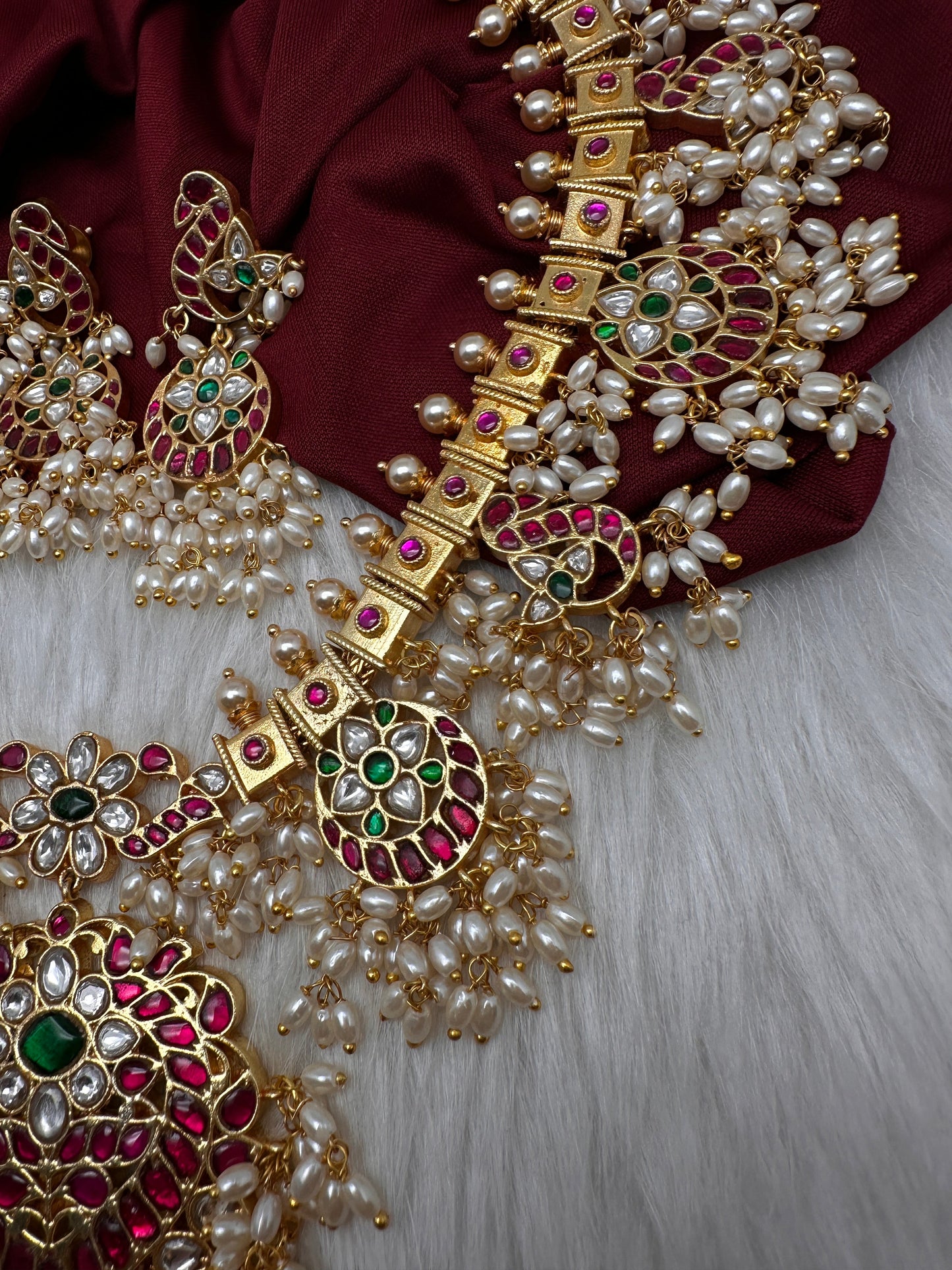 Rice Pearls Jadau Kundan Mid length Guttapusalu Necklace