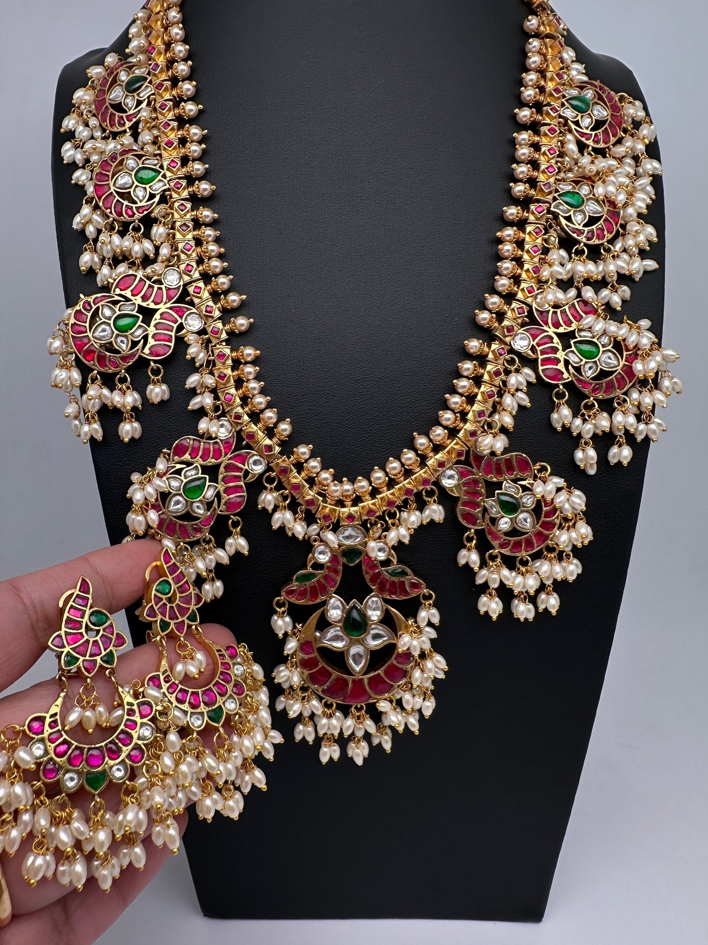 Rice Pearls Jadau Kundan Long Guttapusalu Necklace with Chandbali