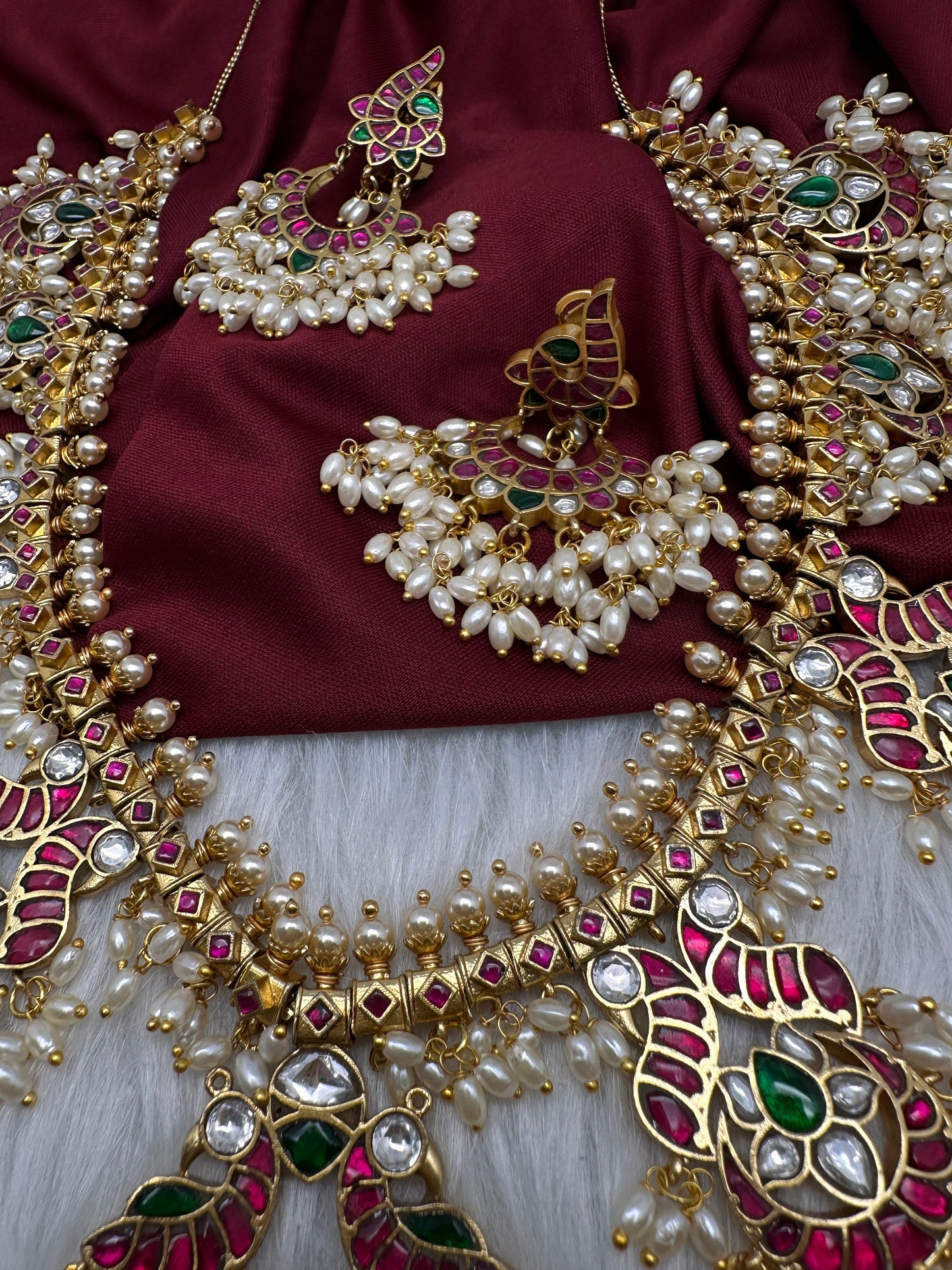 Rice Pearls Jadau Kundan Long Guttapusalu Necklace with Chandbali
