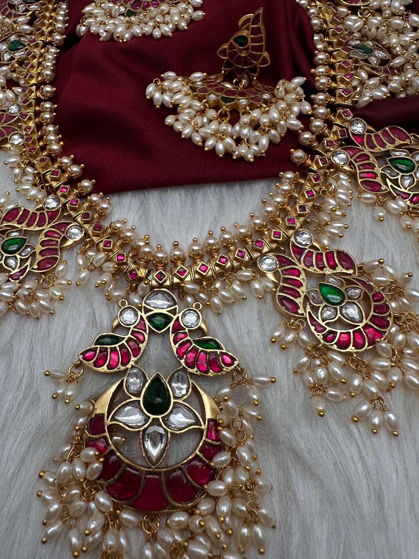Rice Pearls Jadau Kundan Long Guttapusalu Necklace with Chandbali