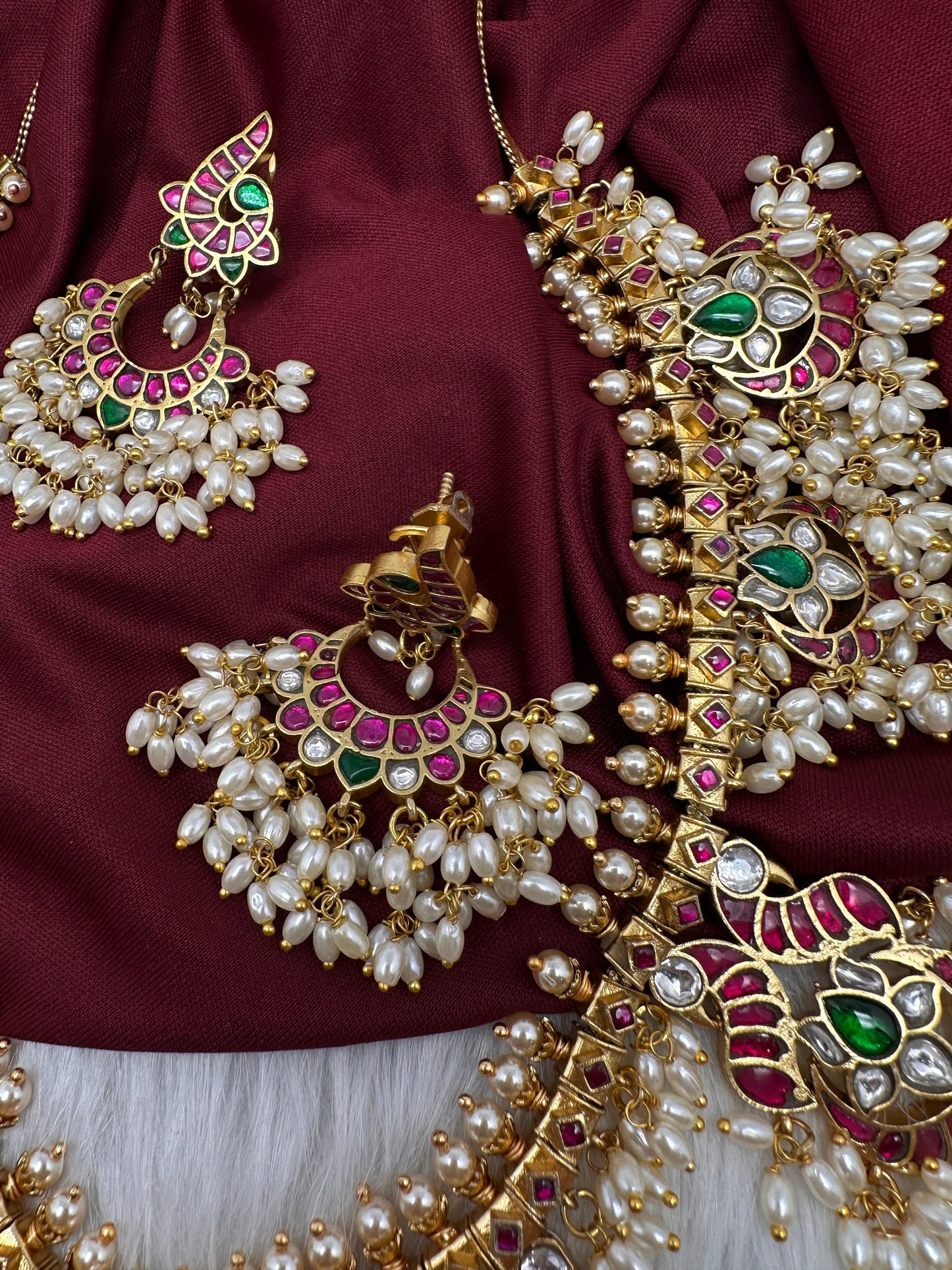 Rice Pearls Jadau Kundan Long Guttapusalu Necklace with Chandbali