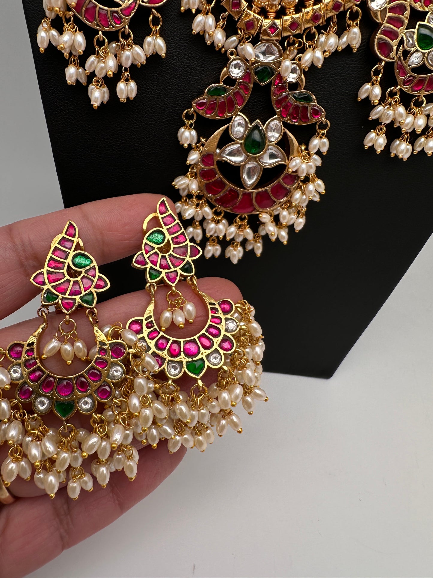 Rice Pearls Jadau Kundan Long Guttapusalu Necklace with Chandbali