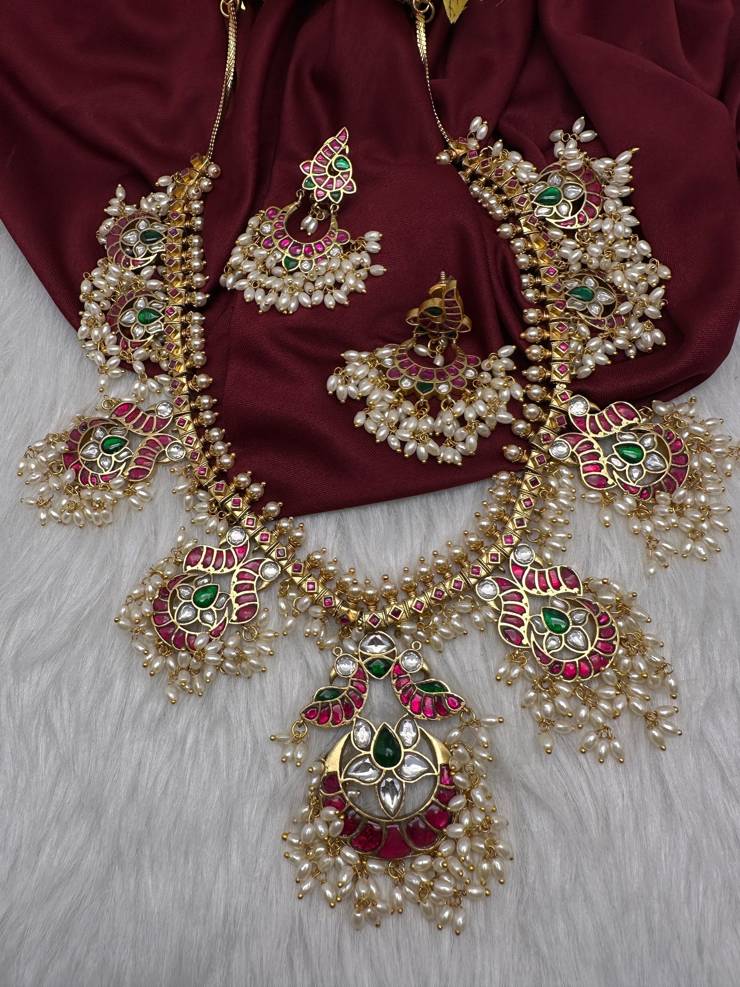 Rice Pearls Jadau Kundan Long Guttapusalu Necklace with Chandbali
