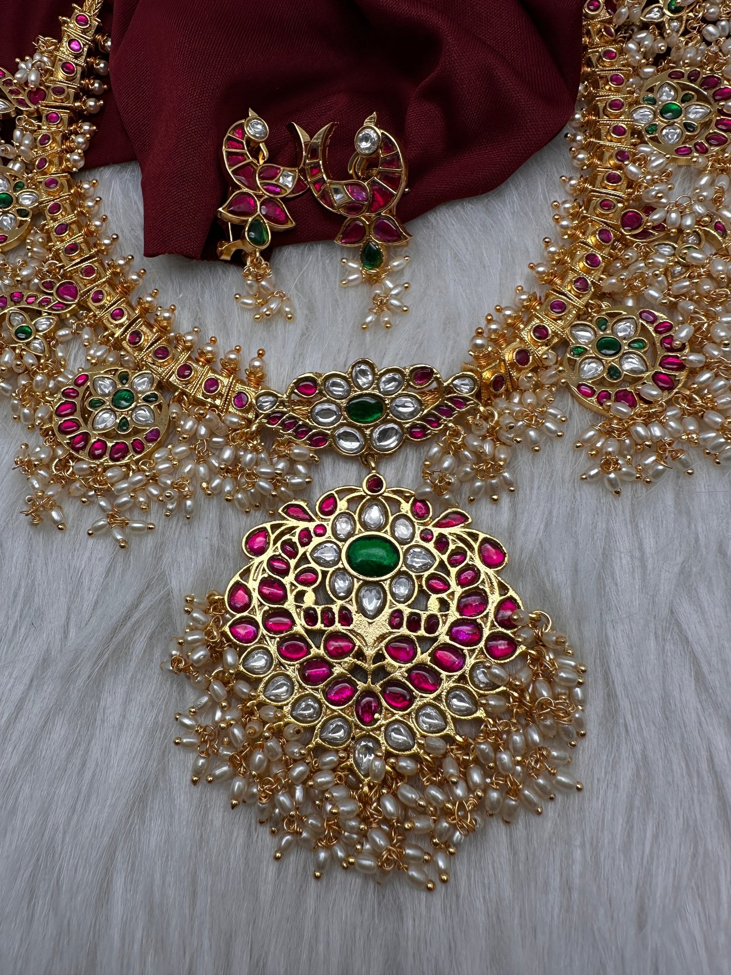 Rice Pearls Jadau Kundan Mid Length Guttapusalu Necklace