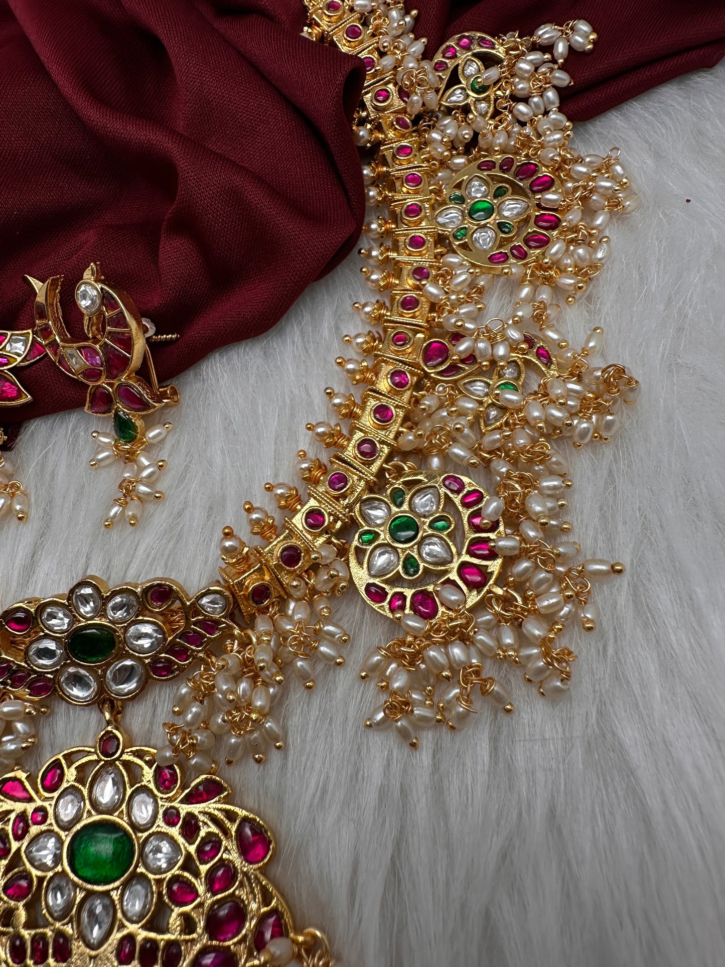 Rice Pearls Jadau Kundan Mid Length Guttapusalu Necklace