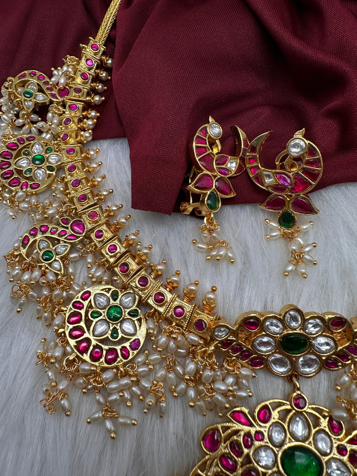 Rice Pearls Jadau Kundan Mid Length Guttapusalu Necklace