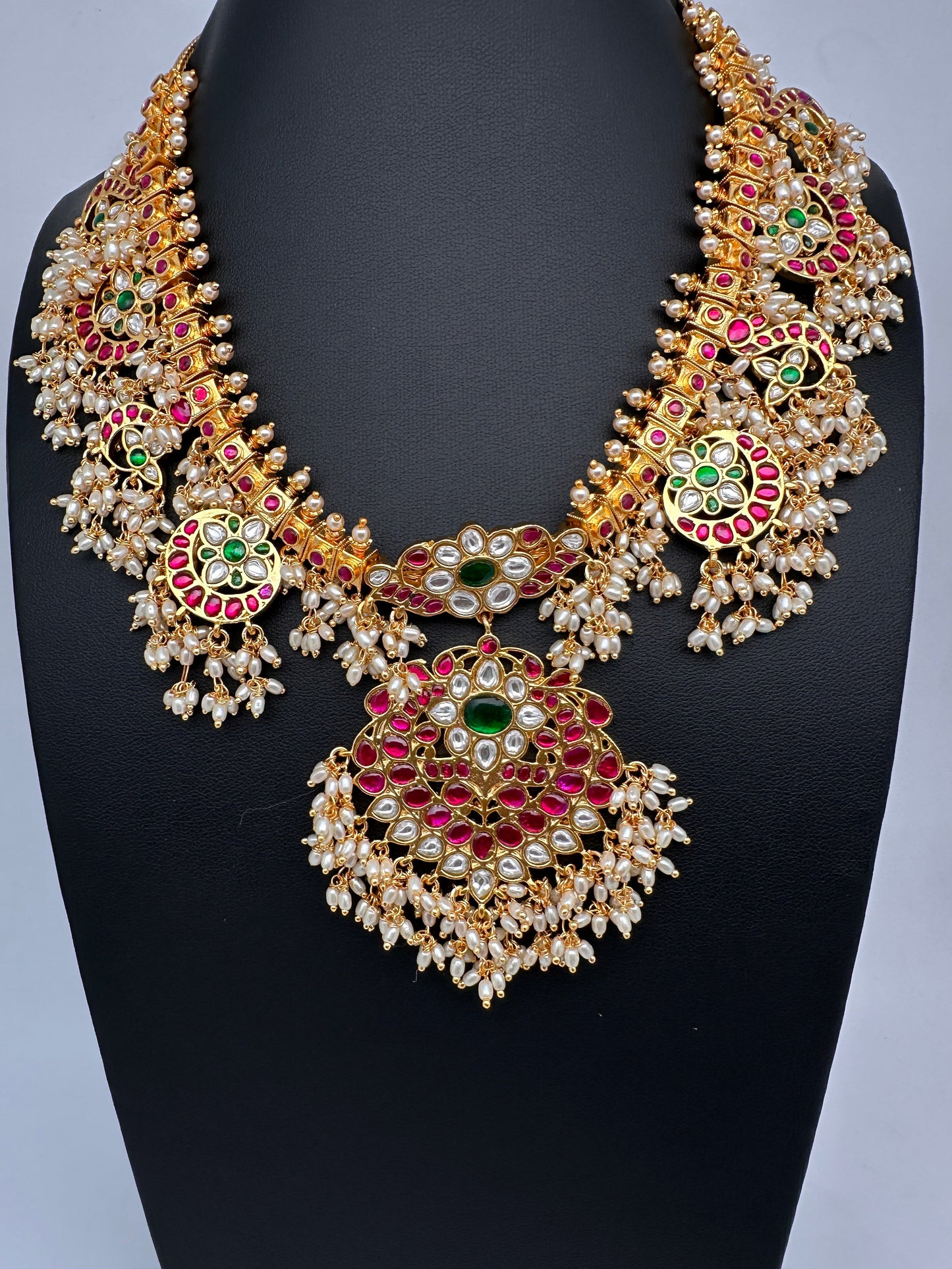 Rice Pearls Jadau Kundan Mid Length Guttapusalu Necklace