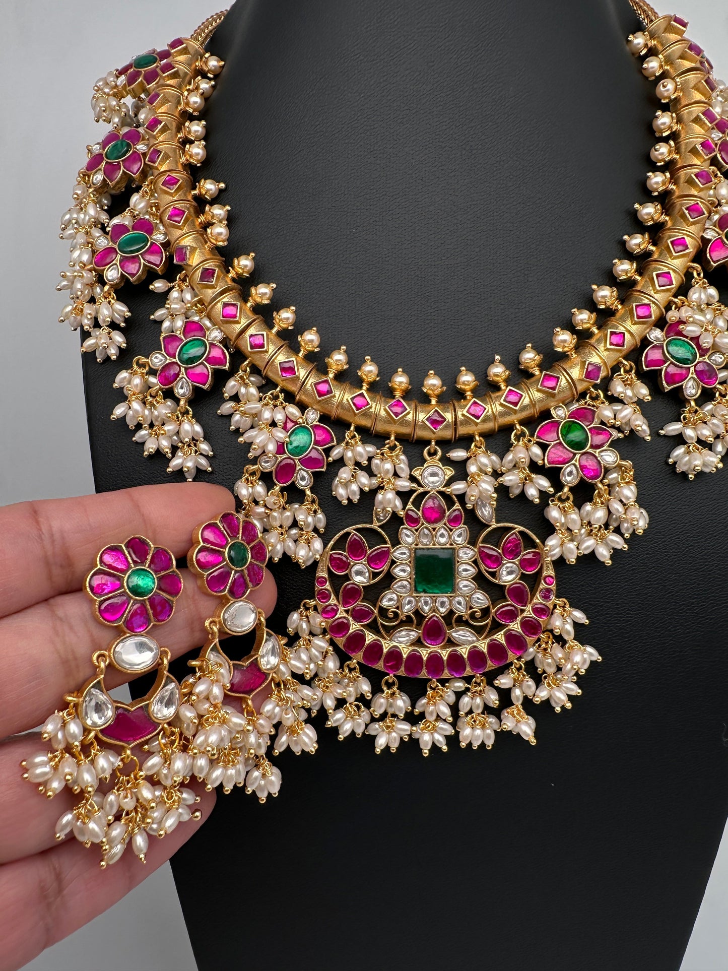 Floral Rice Pearls Jadau Kundan Necklace