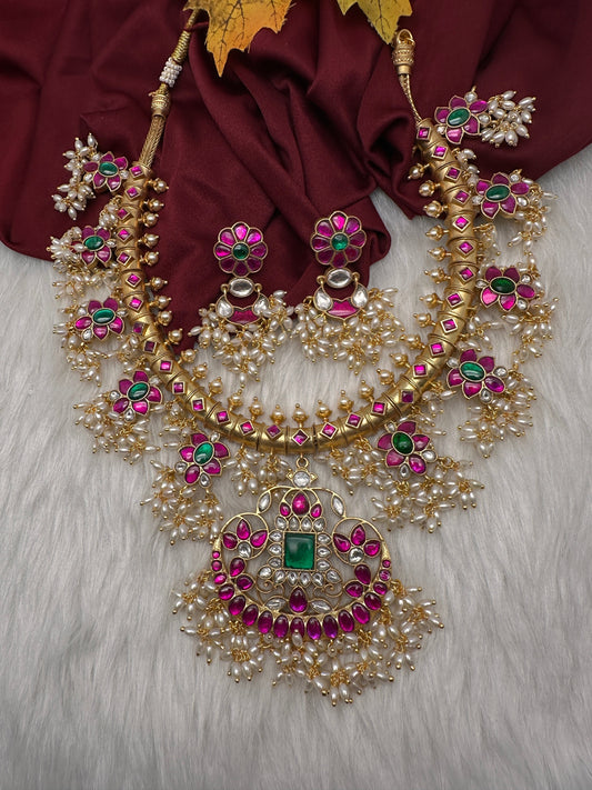 Floral Rice Pearls Jadau Kundan Necklace