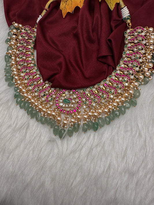 Peacock Broad Neckline Jadau Kundan Short Necklace