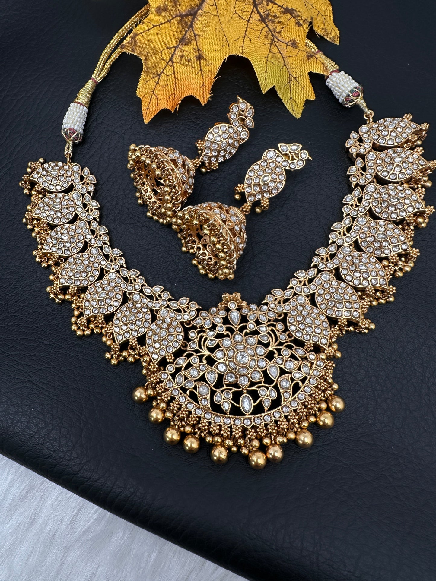Peacock White Jadau Kundan Short Necklace with Jhumkas
