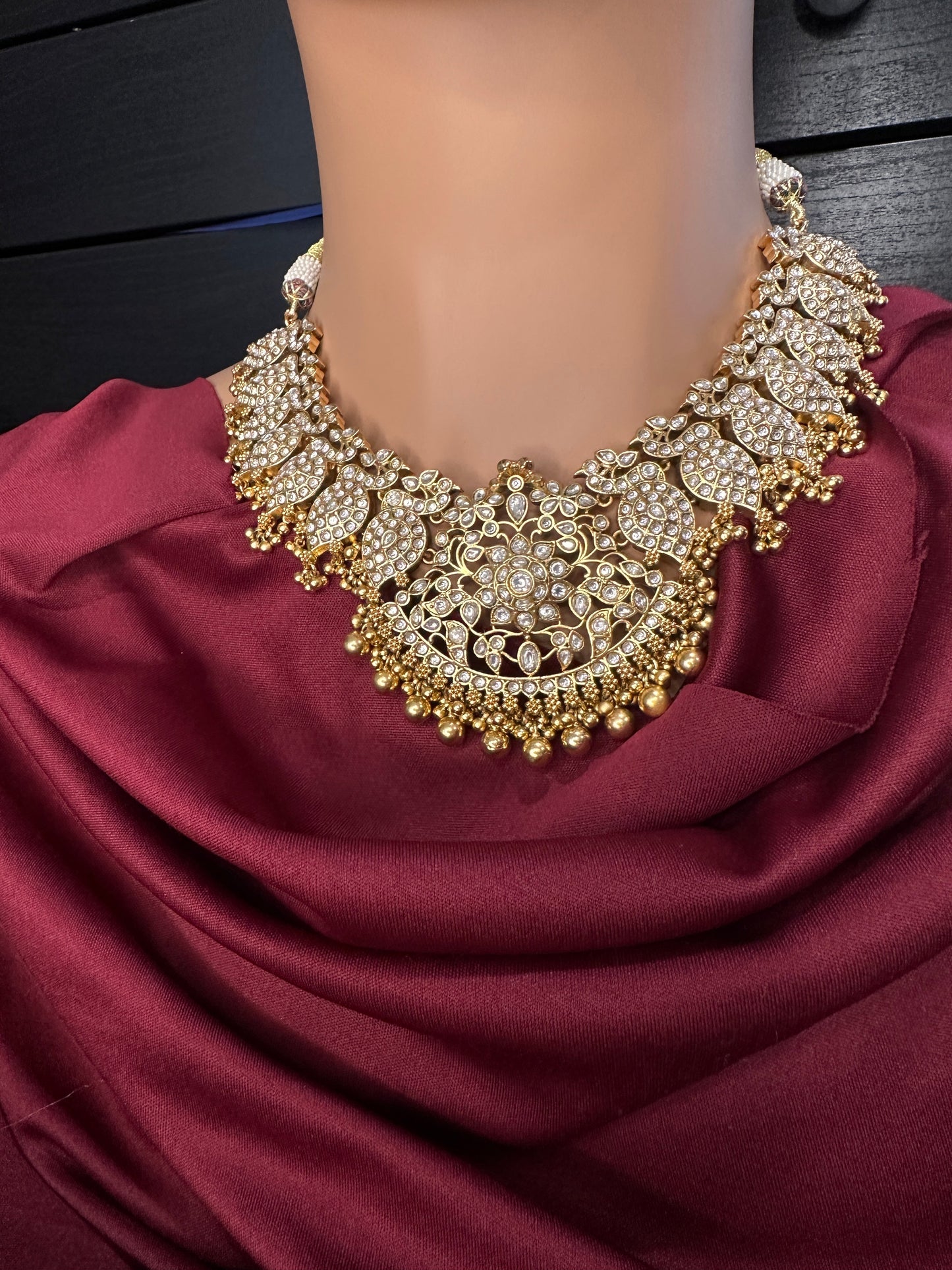 Peacock White Jadau Kundan Short Necklace with Jhumkas
