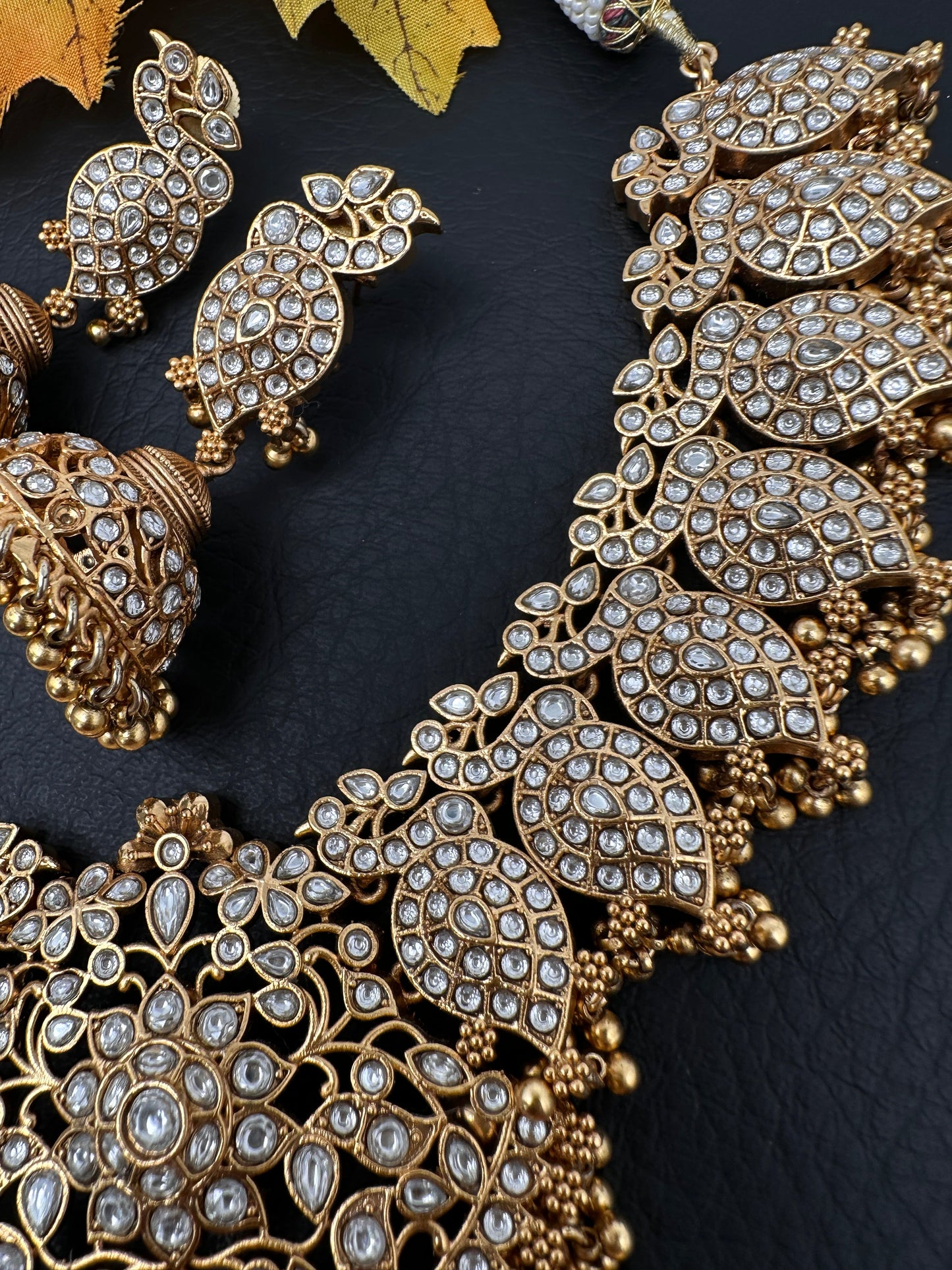 Peacock White Jadau Kundan Short Necklace with Jhumkas