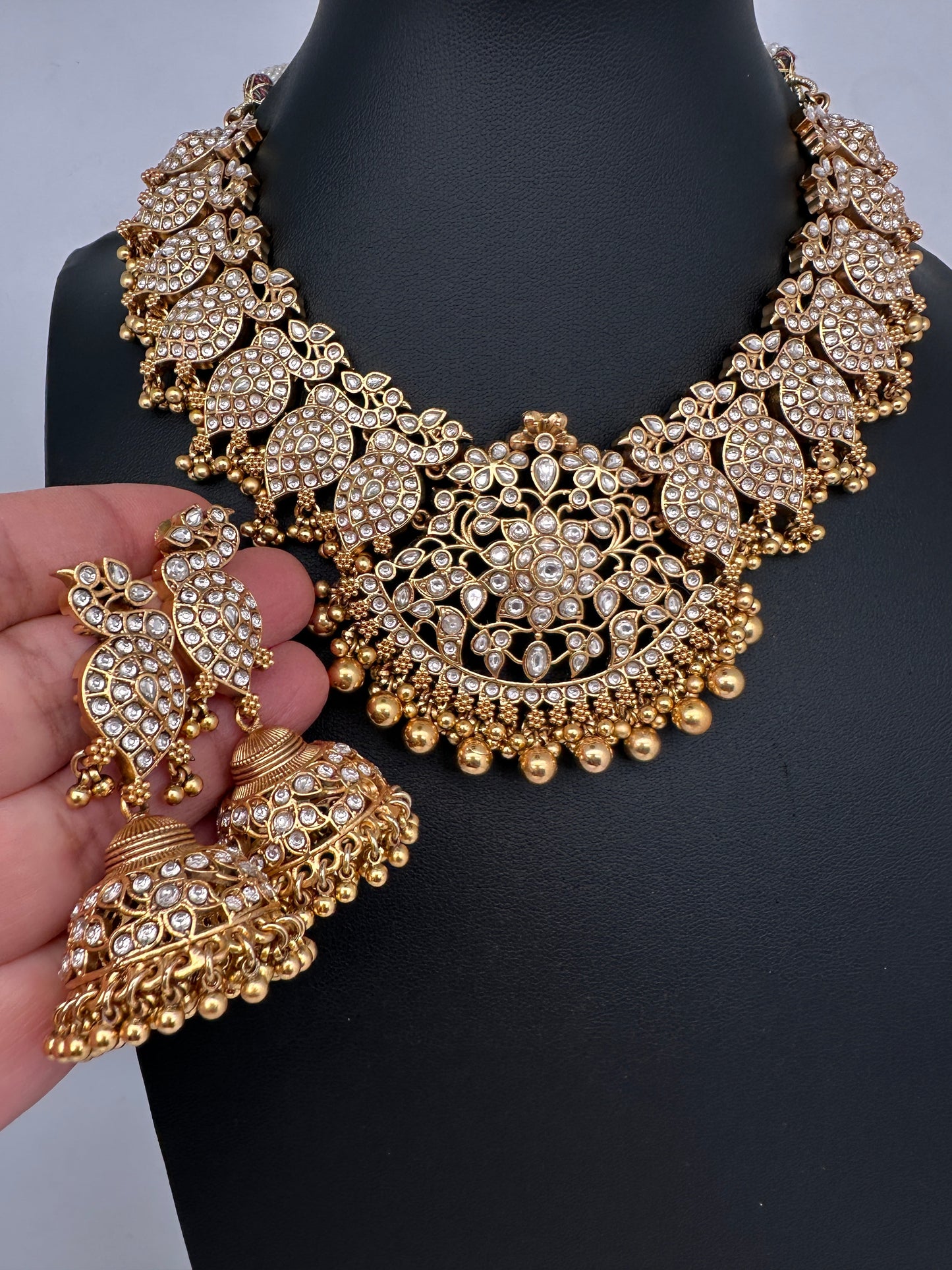 Peacock White Jadau Kundan Short Necklace with Jhumkas