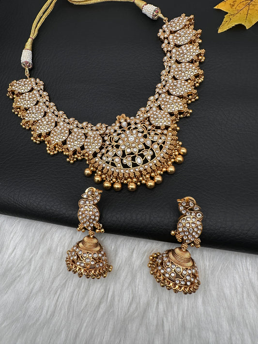 Peacock White Jadau Kundan Short Necklace with Jhumkas