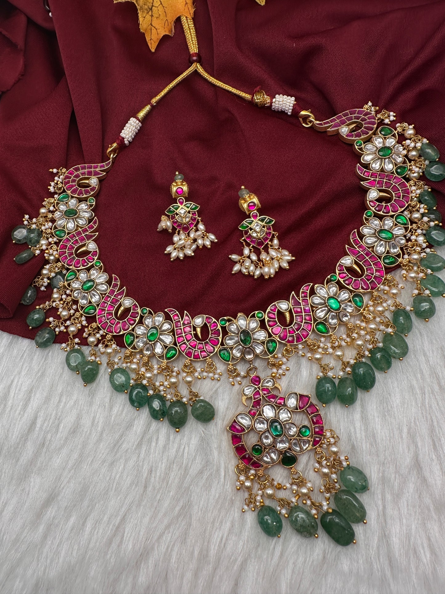Jadau Kundan Neckline Necklace with Earrings - 