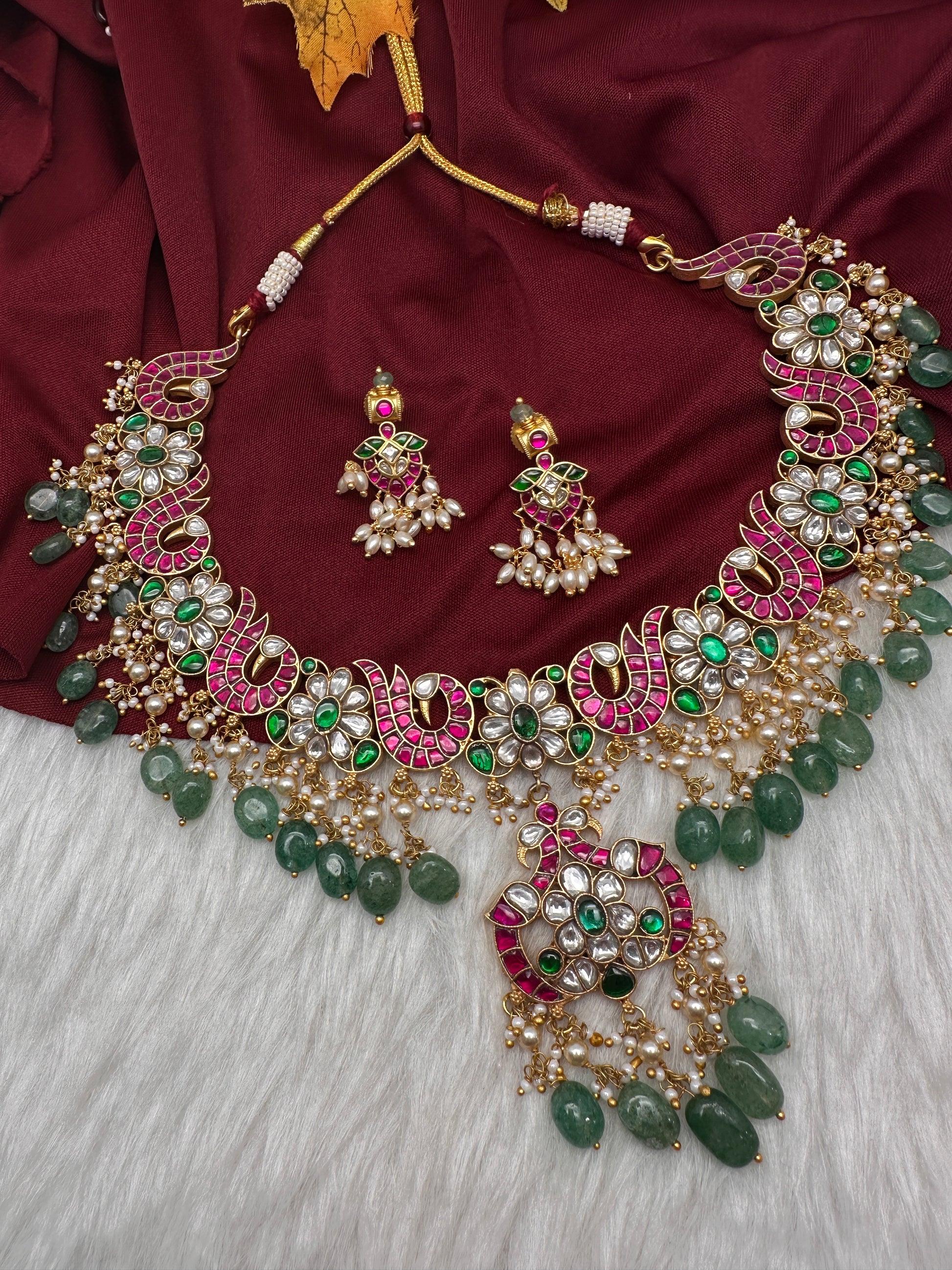 Jadau Kundan Neckline Necklace with Earrings - 