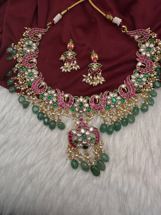 Jadau Kundan Neckline Necklace with Earrings - 