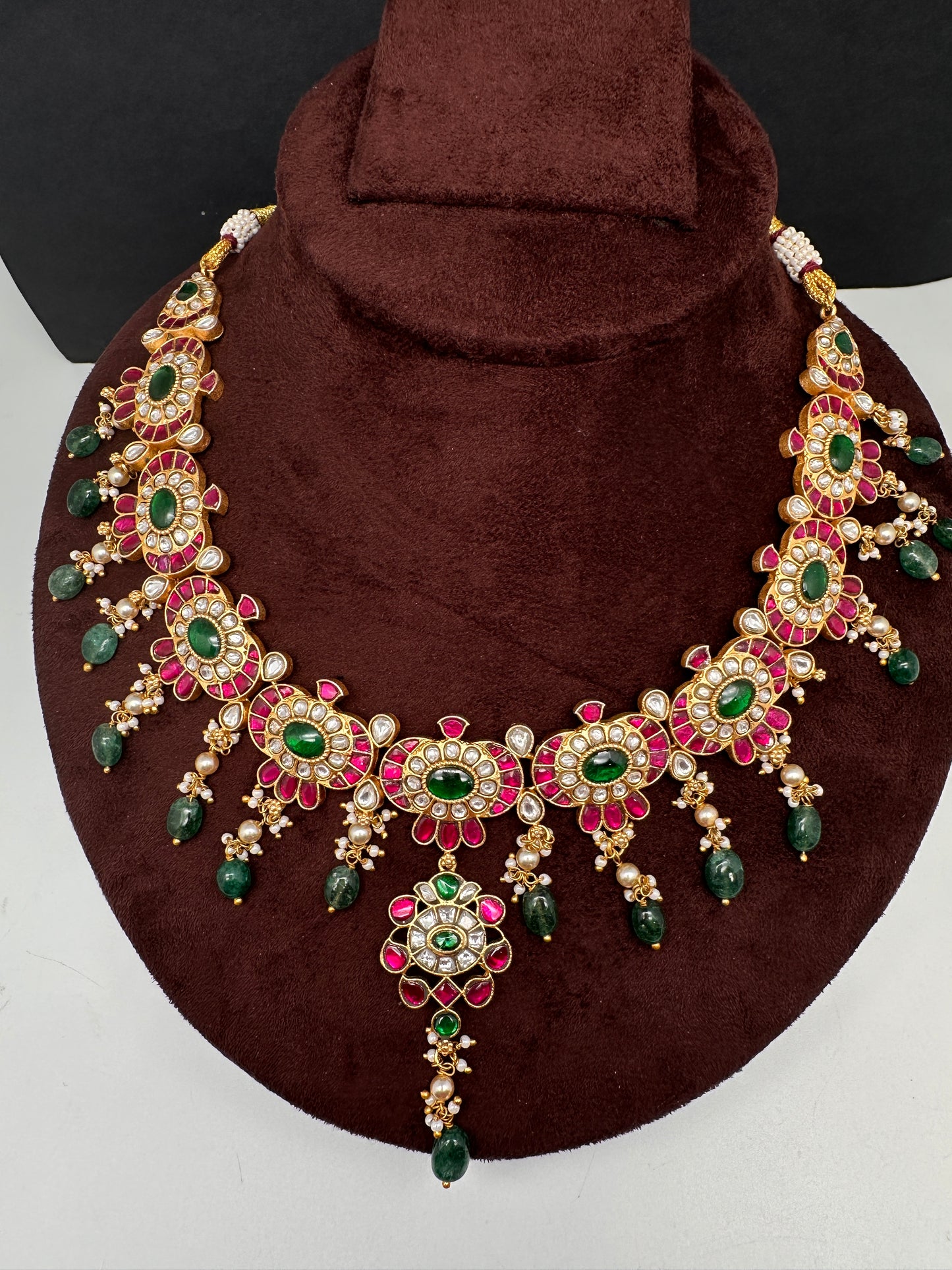 Jadau Kundan Neckline Necklace with Emerald Beads - 