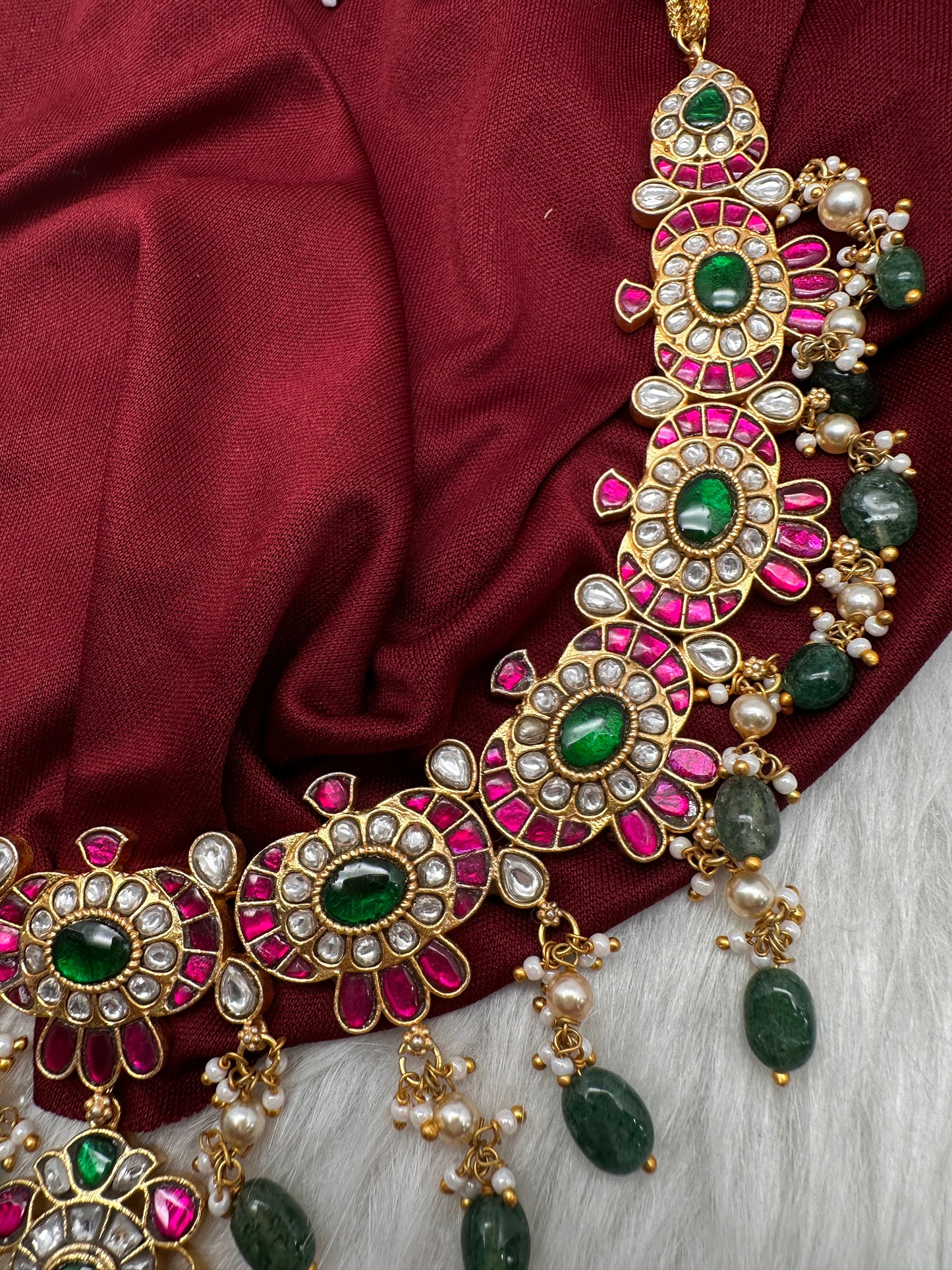 Jadau Kundan Neckline Necklace with Emerald Beads - 