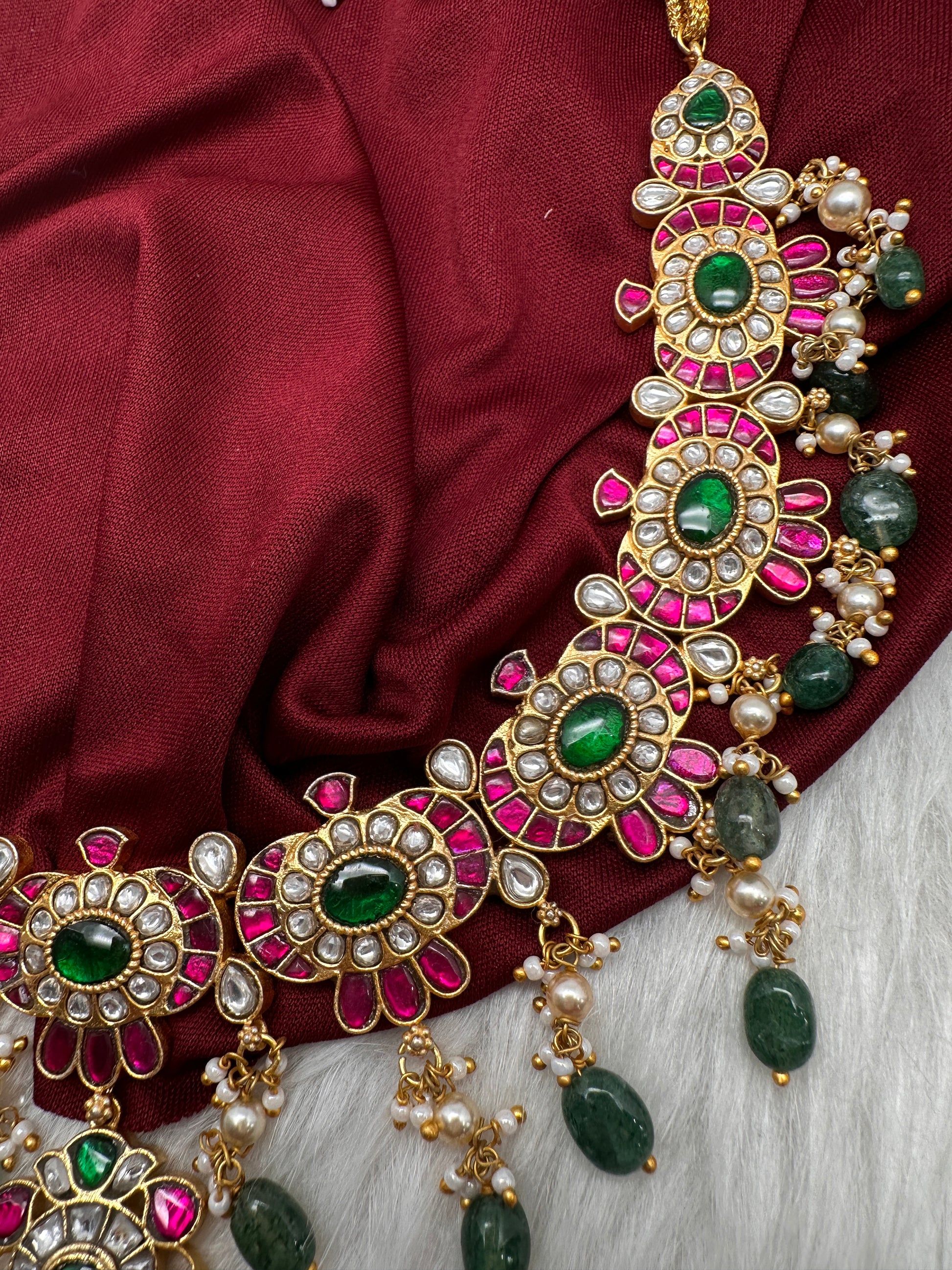 Jadau Kundan Neckline Necklace with Emerald Beads - 