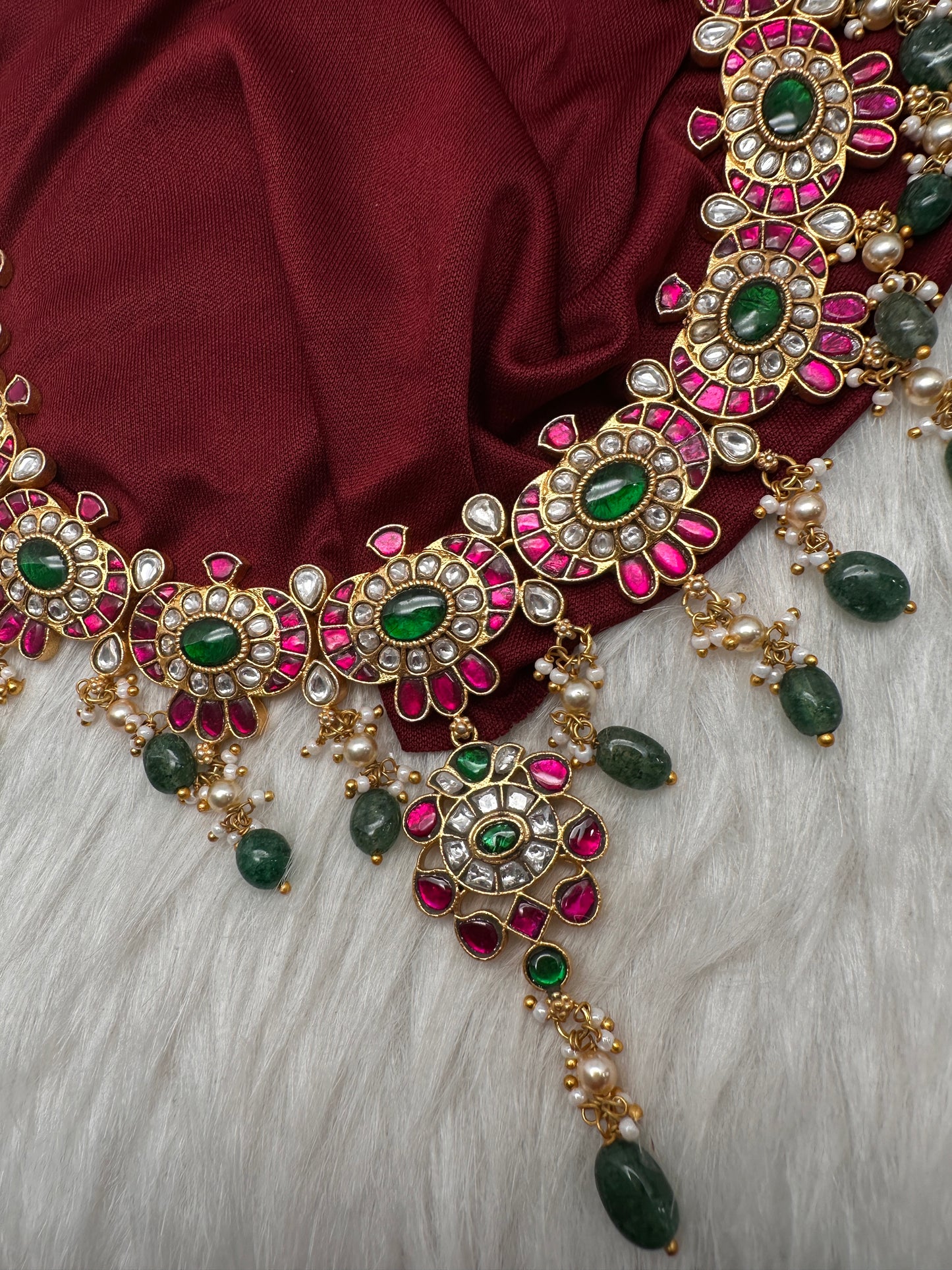 Jadau Kundan Neckline Necklace with Emerald Beads - 