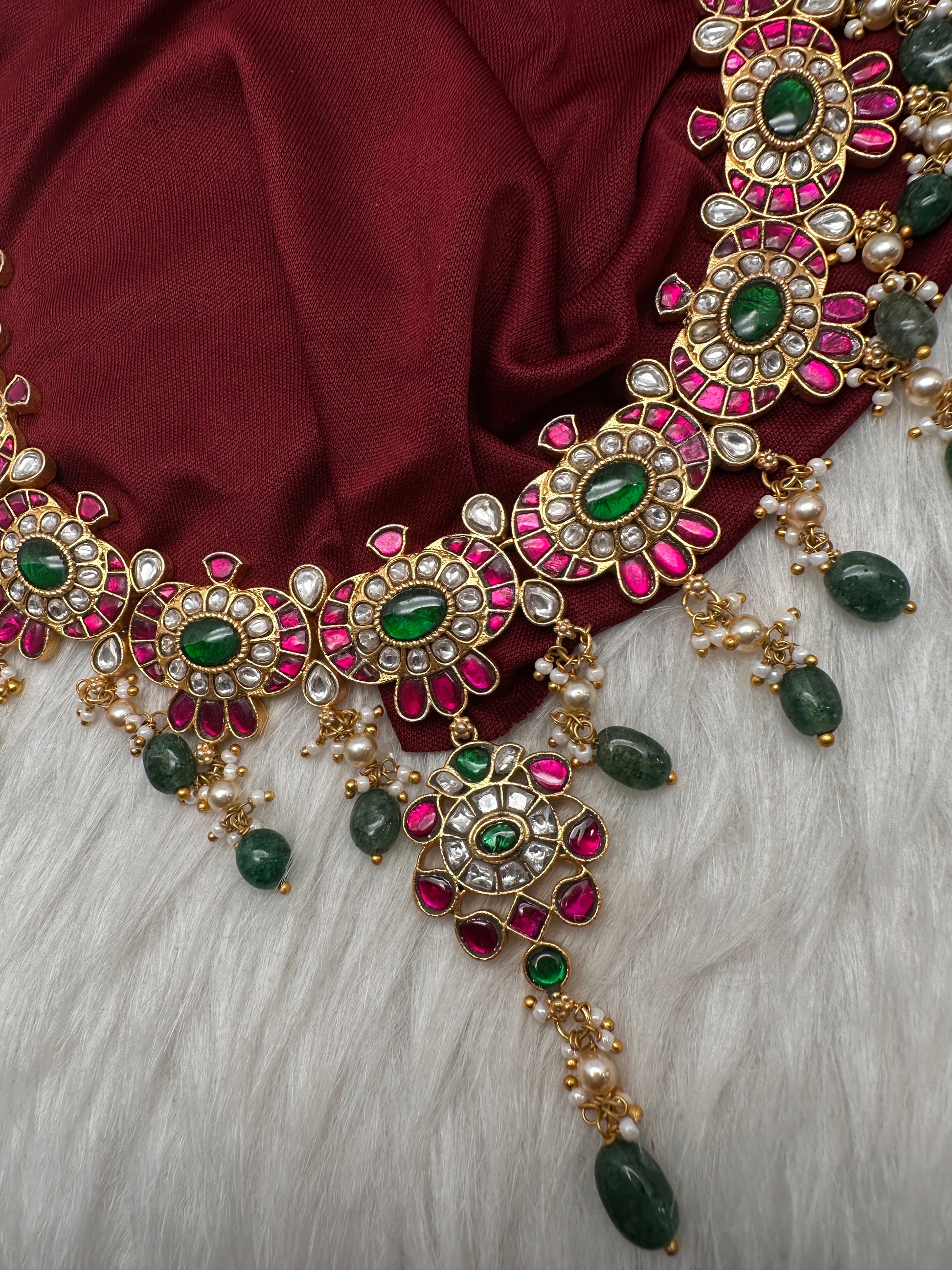 Jadau Kundan Neckline Necklace with Emerald Beads - 