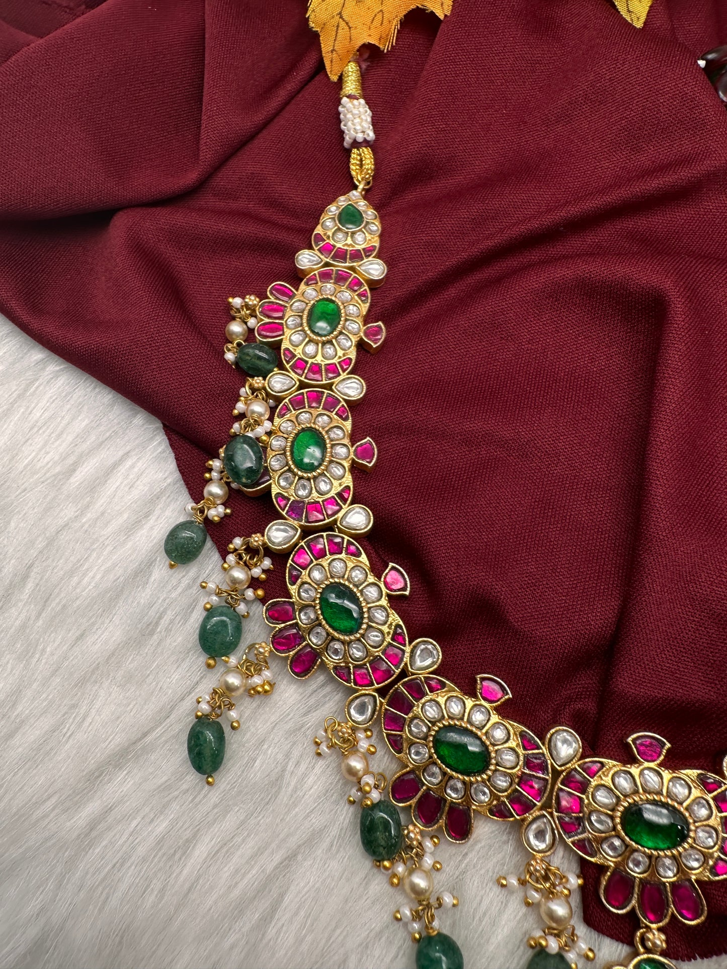 Jadau Kundan Neckline Necklace with Emerald Beads - 