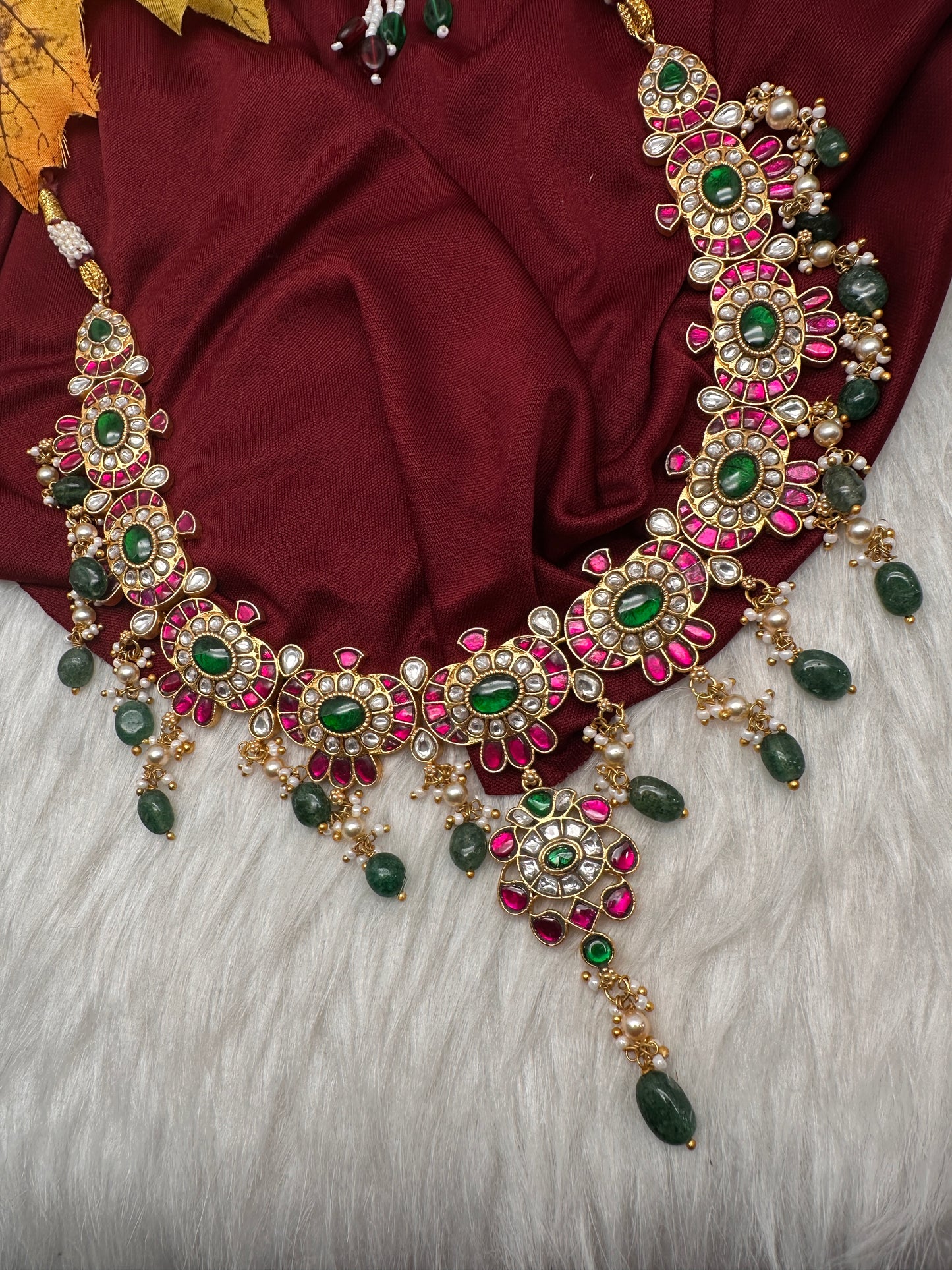 Jadau Kundan Neckline Necklace with Emerald Beads - 