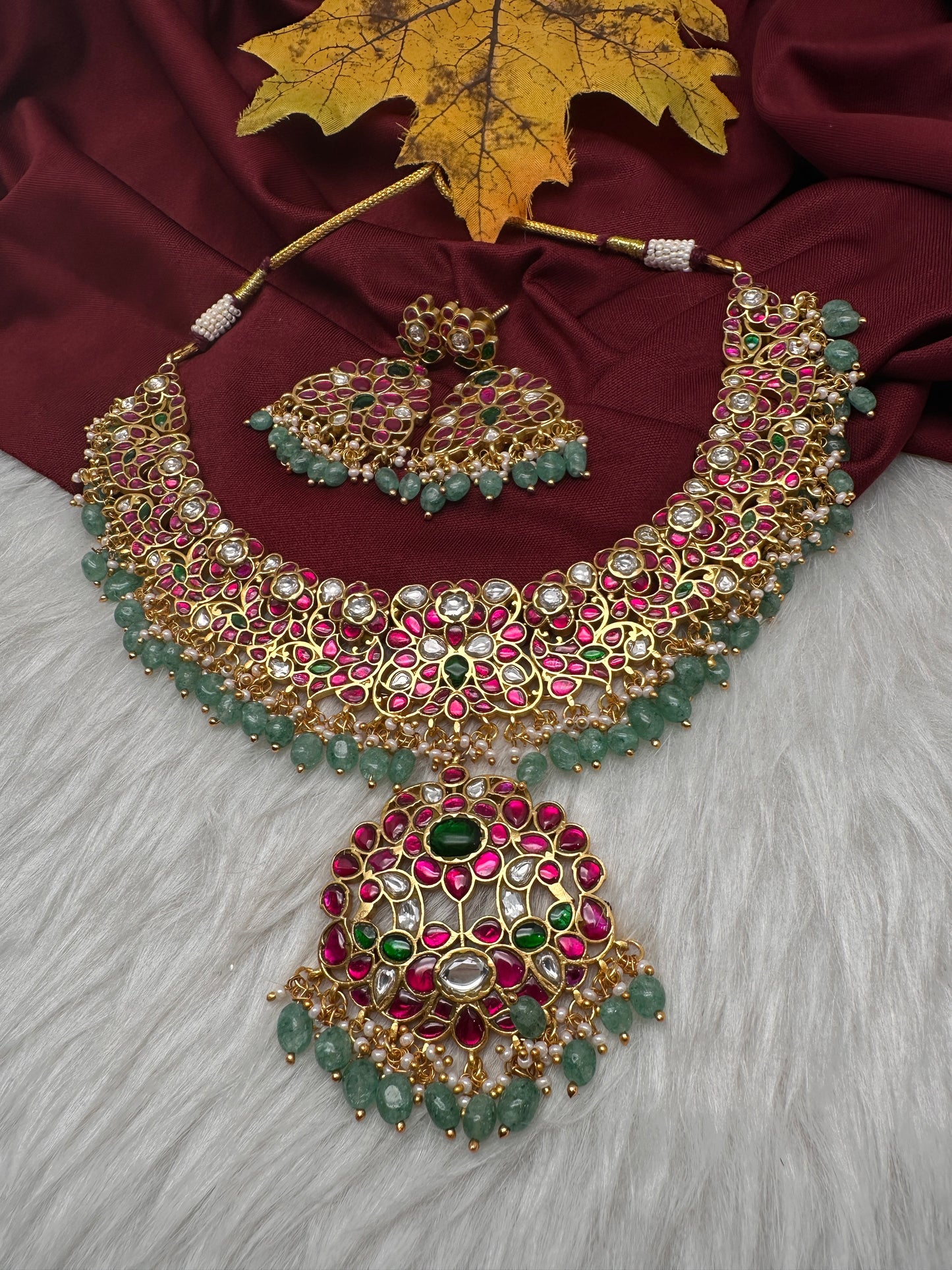Jadau Kundan Neckline Necklace with Earrings - 