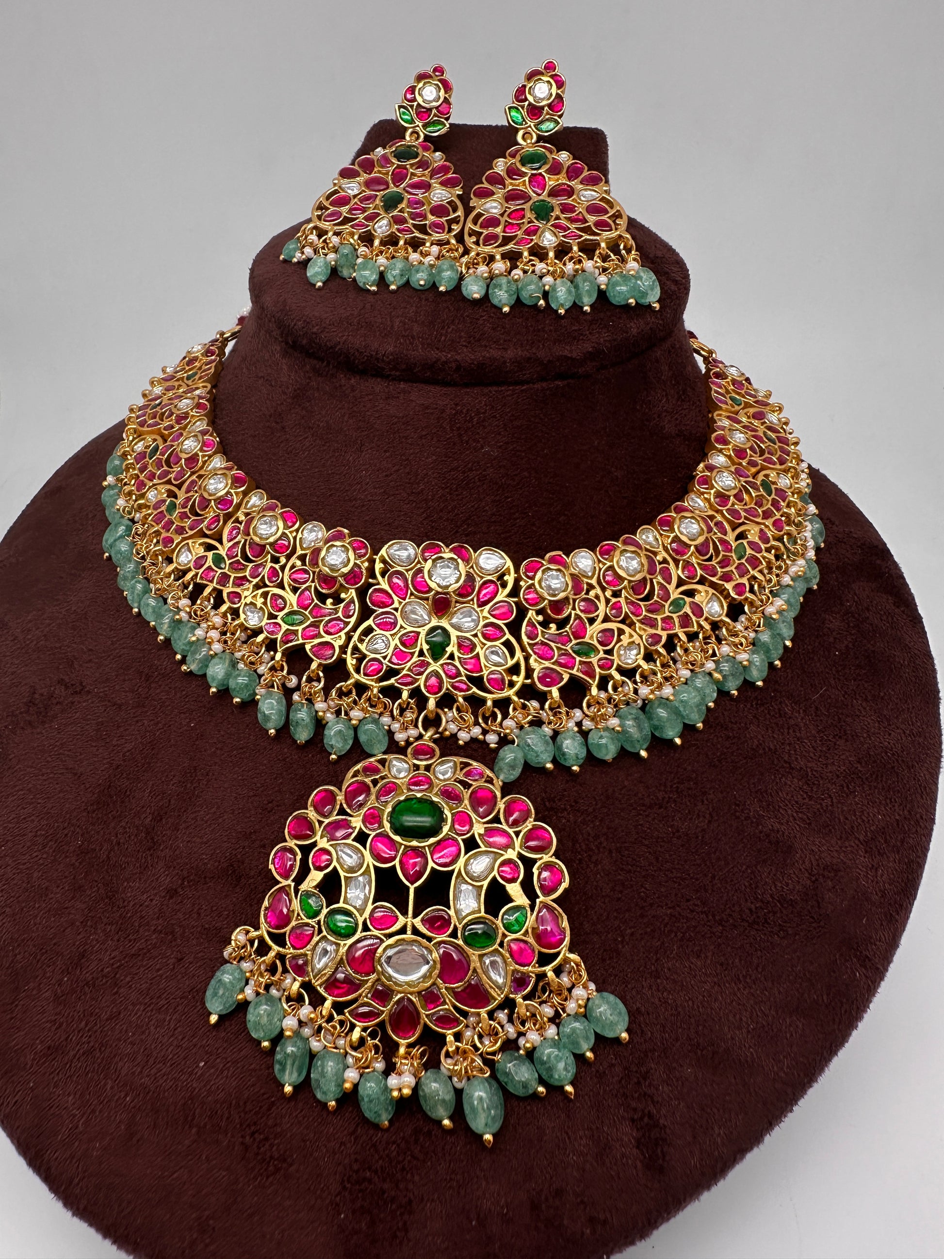 Jadau Kundan Neckline Necklace with Earrings - 