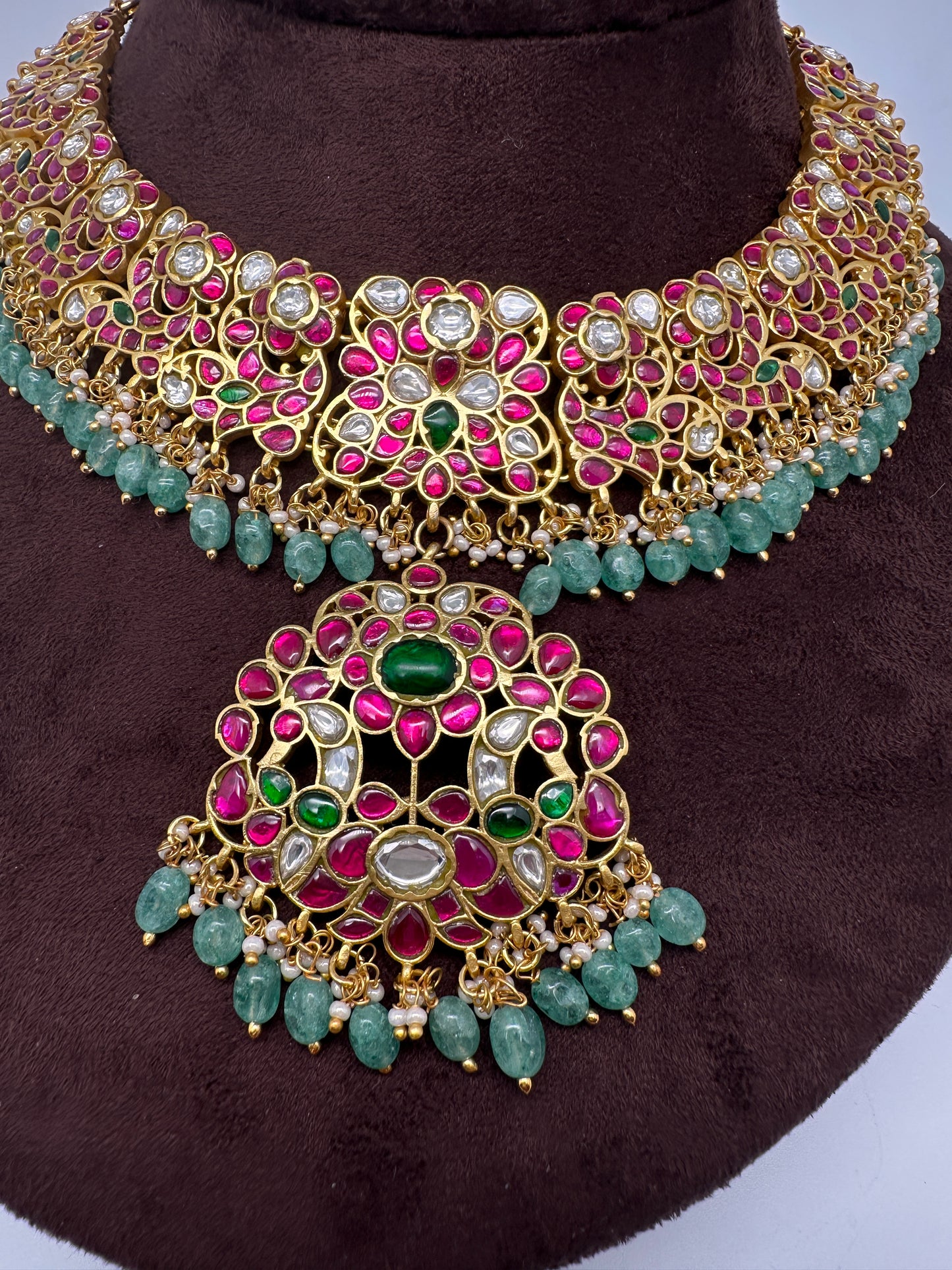 Jadau Kundan Neckline Necklace with Earrings - 