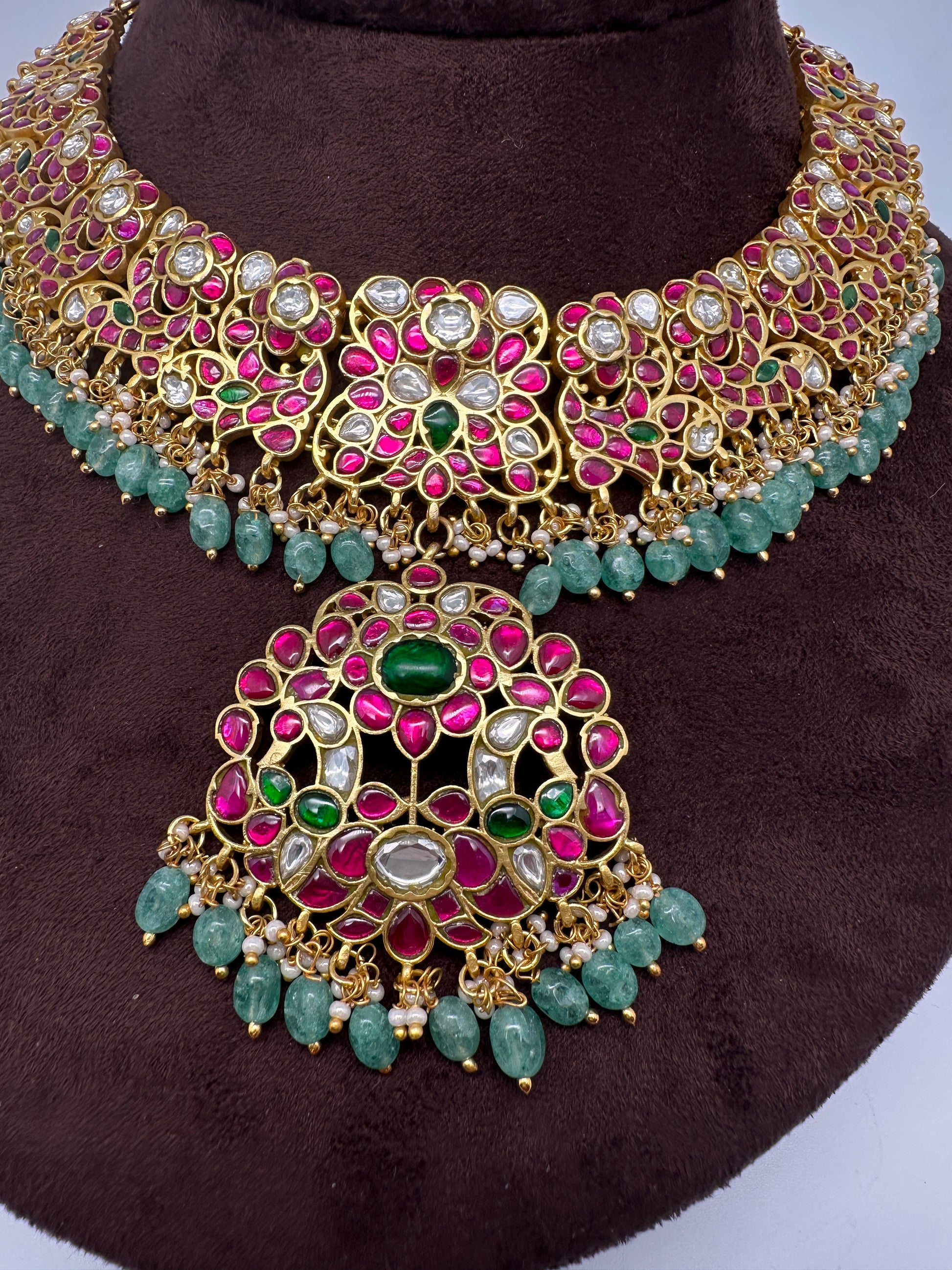 Jadau Kundan Neckline Necklace with Earrings - 