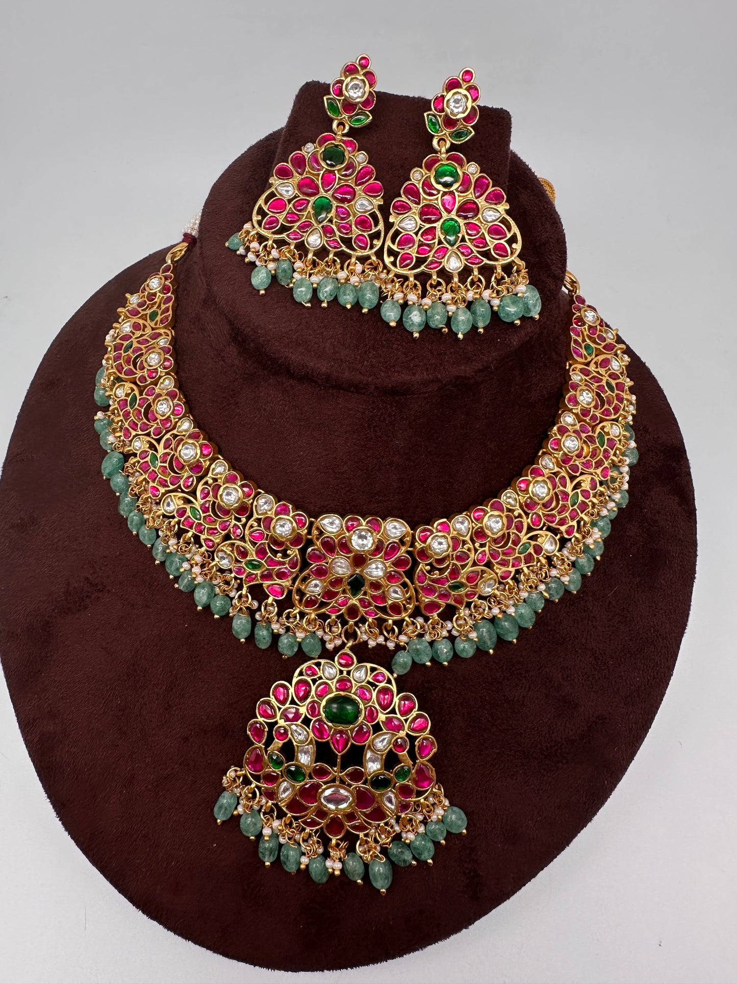 Jadau Kundan Neckline Necklace with Earrings - 