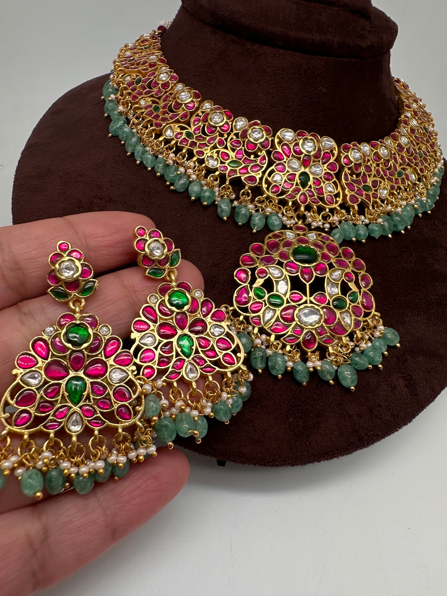 Jadau Kundan Neckline Necklace with Earrings - 