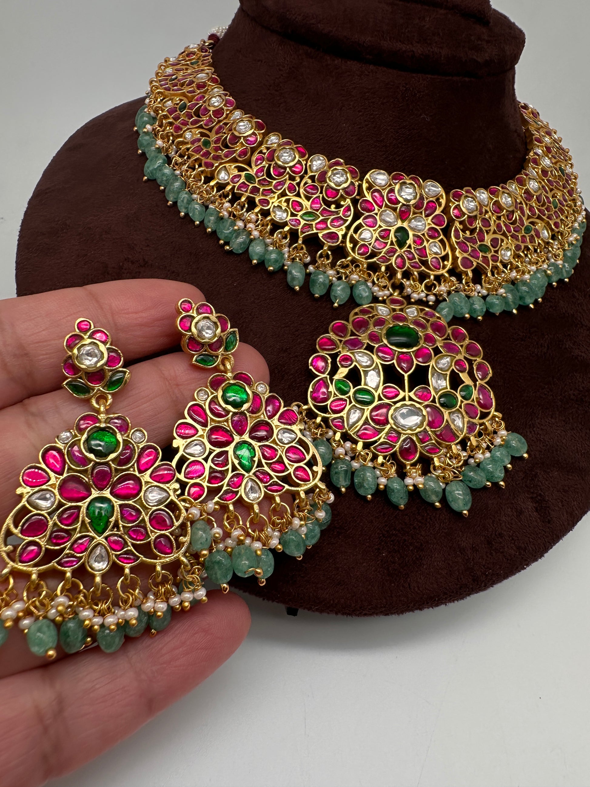 Jadau Kundan Neckline Necklace with Earrings - 