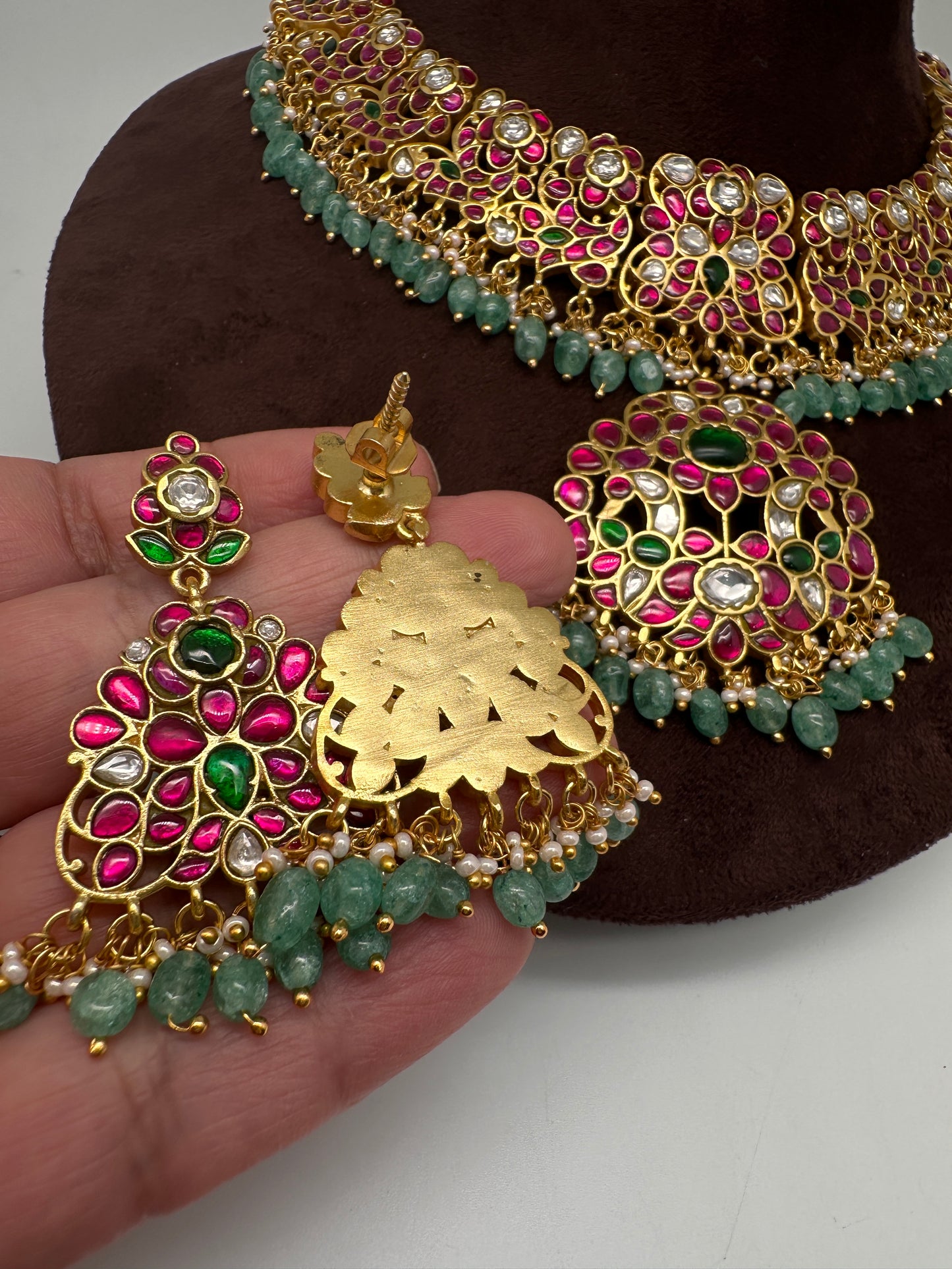 Jadau Kundan Neckline Necklace with Earrings - 