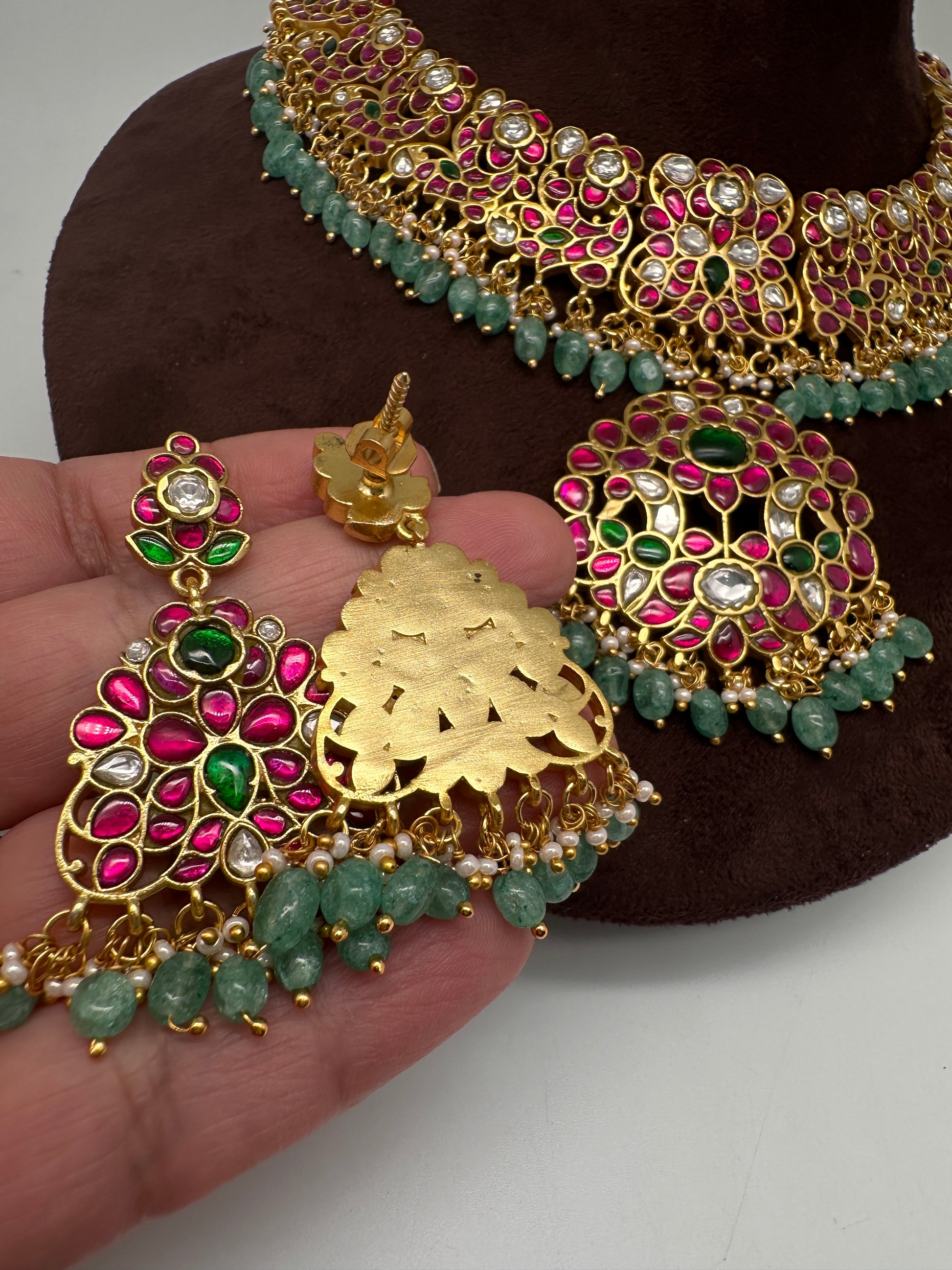 Jadau Kundan Neckline Necklace with Earrings - 