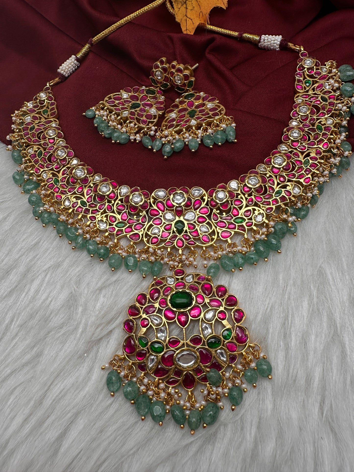 Jadau Kundan Neckline Necklace with Earrings - 